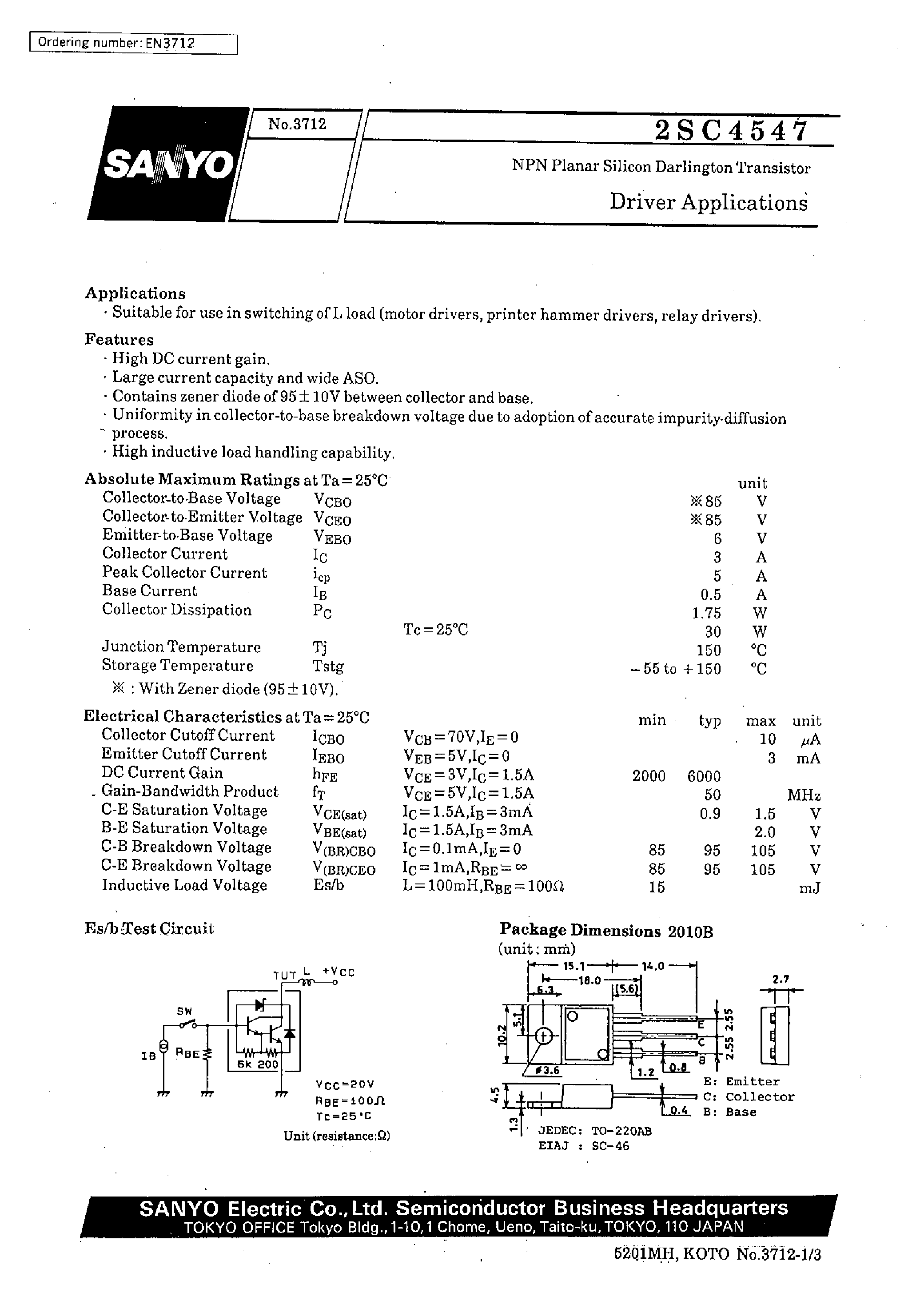 Datasheet 2SC4547 - Driver Applications page 1