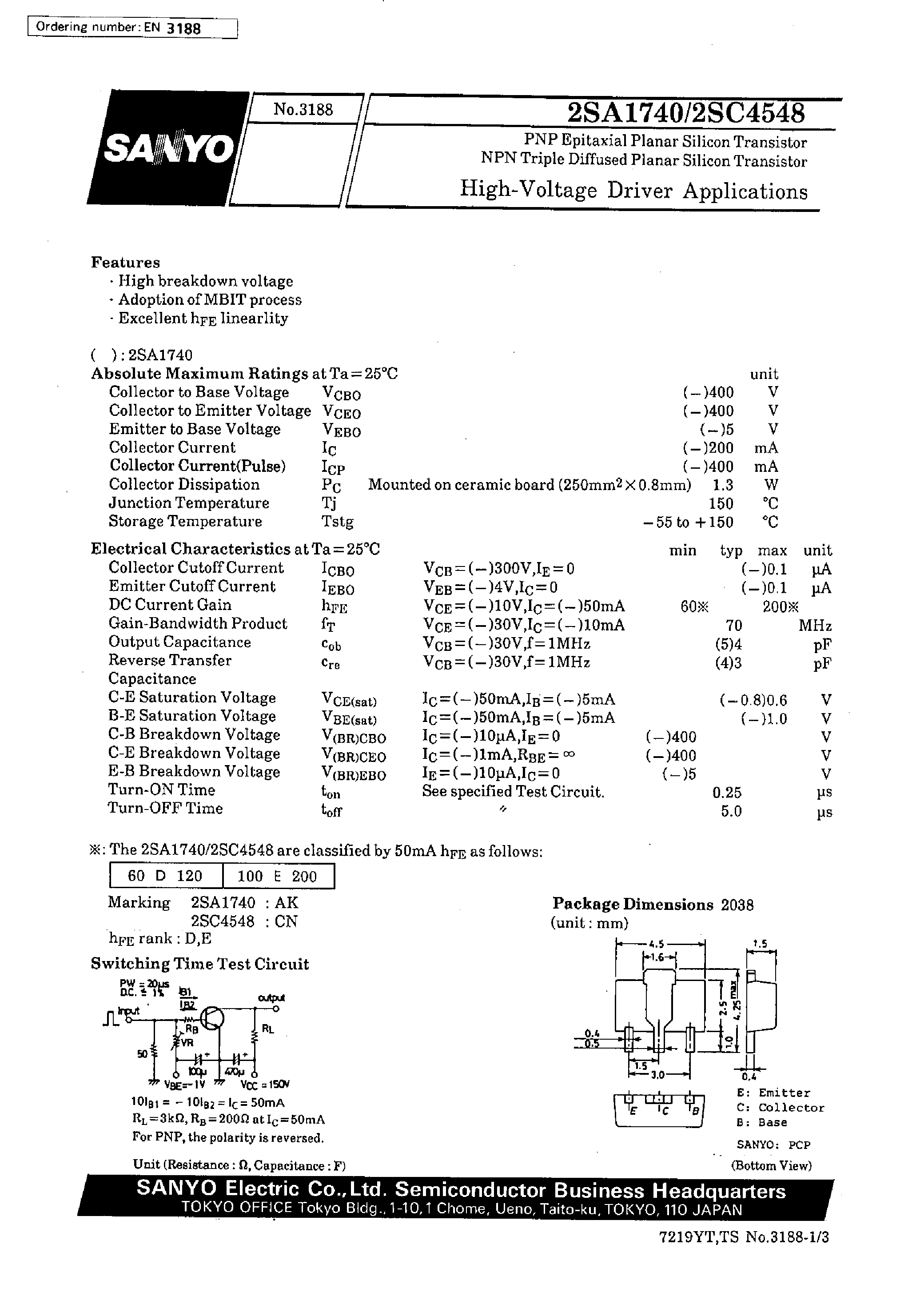 Datasheet 2SC4548 - High-Voltage Driver Applications page 1