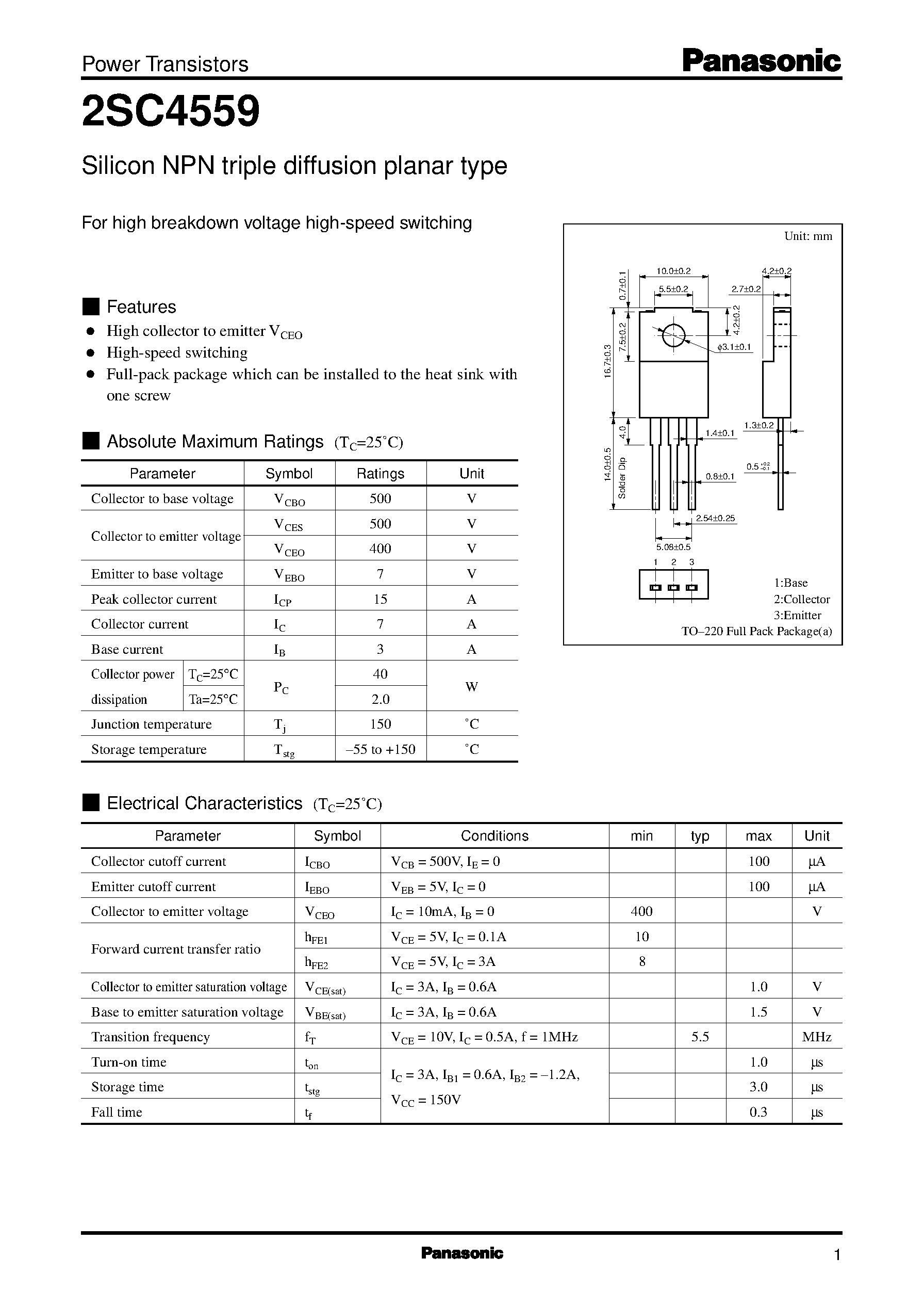 Datasheet 2SC4559 page 1 Datasheet 2SC4559 - Silicon NPN triple diffusion planar type(For high breakdown voltage high-speed switching) page 1