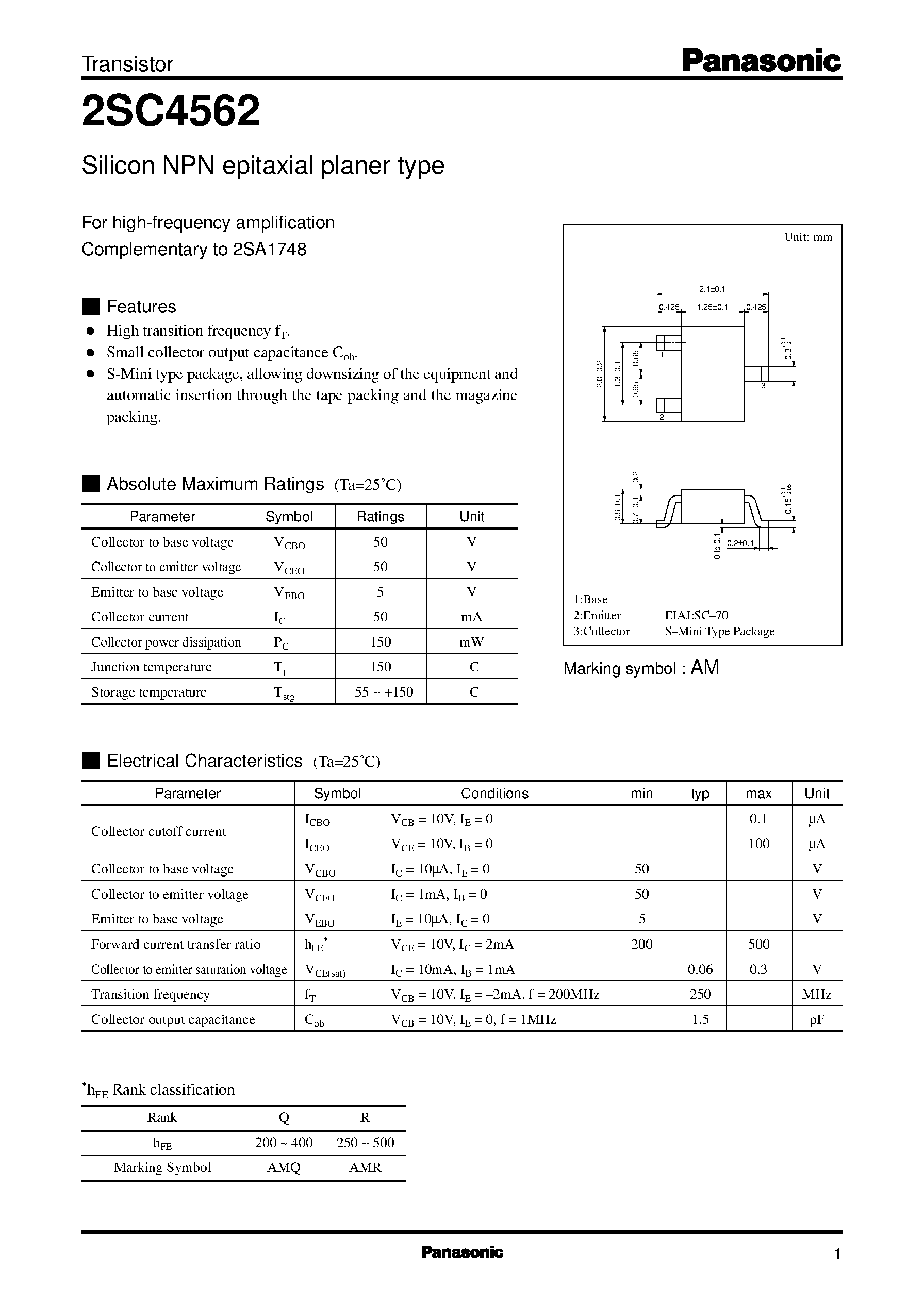 Datasheet 2SC4562 page 1 Datasheet 2SC4562 - Silicon NPN epitaxial planer type(For high-frequency amplification) page 1