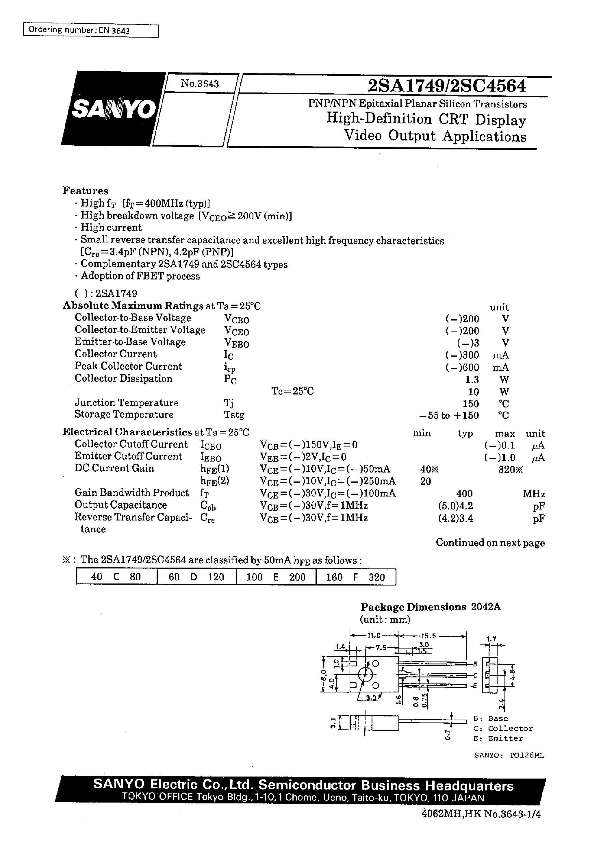 Datasheet 2SC4564 - High-Definition CRT Display Video Output Applications page 1