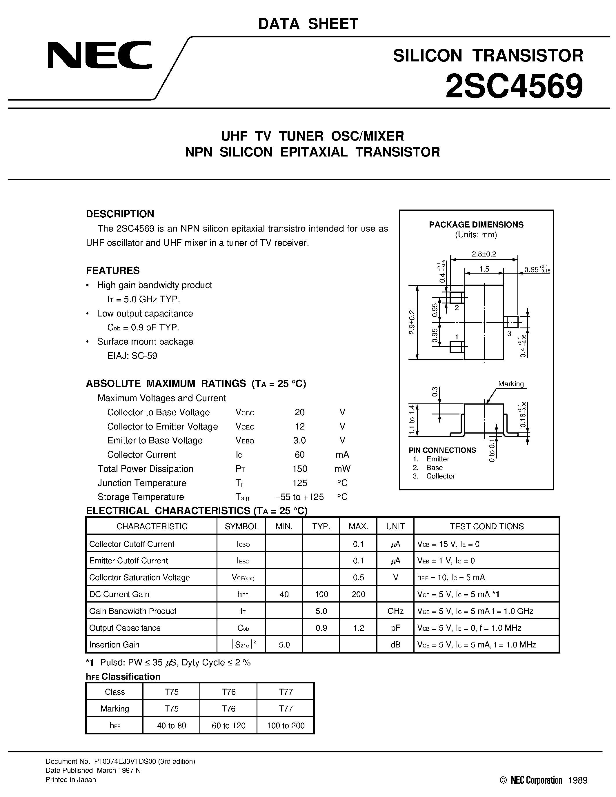 Datasheet 2SC4569 - UHF TV TUNER OSC/MIXER NPN SILICON EPITAXIAL TRANSISTOR page 1