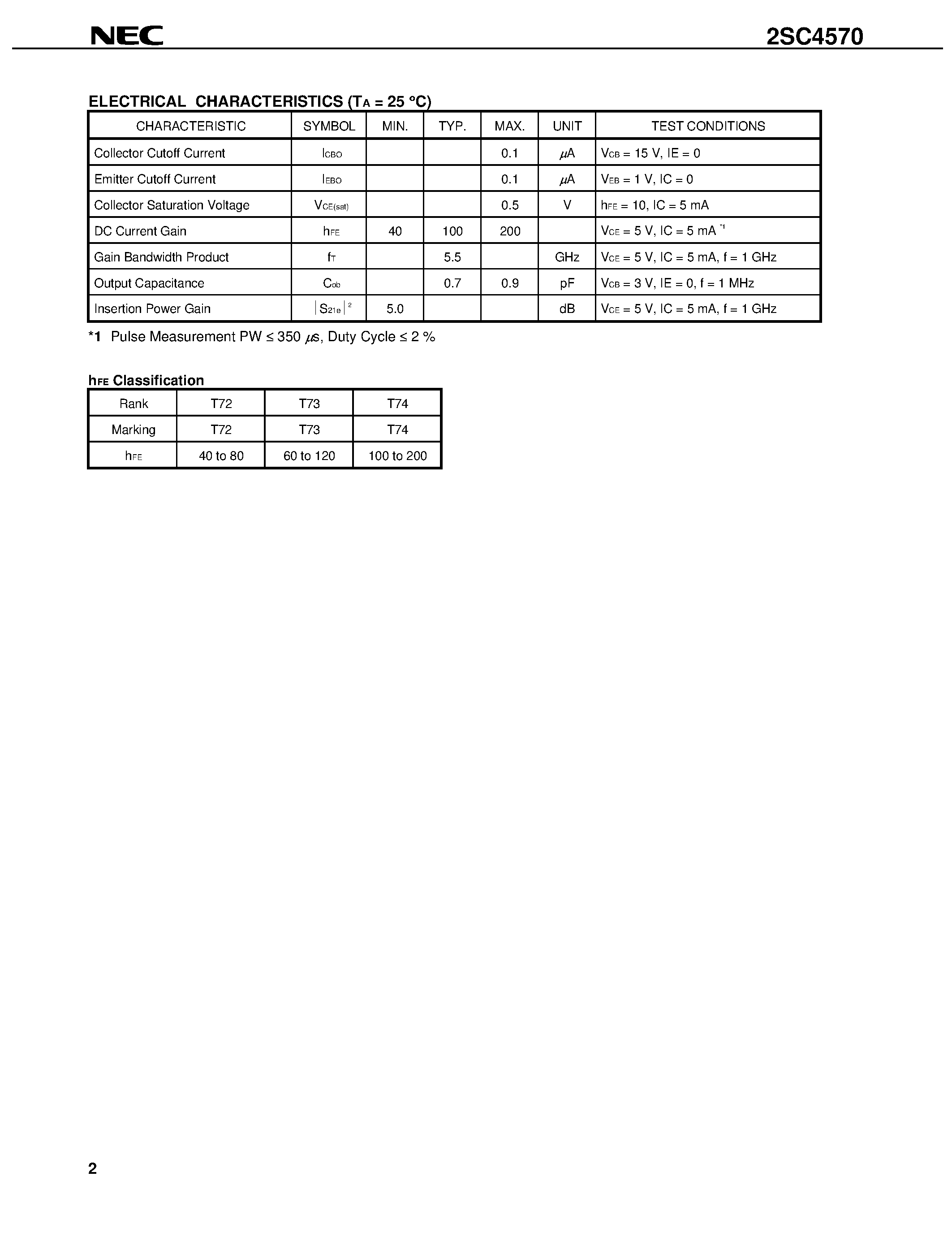 Datasheet 2SC4570-T1 - NPN SILICON EPITAXIAL TRANSISTOR SUPER MINI MOLD page 2