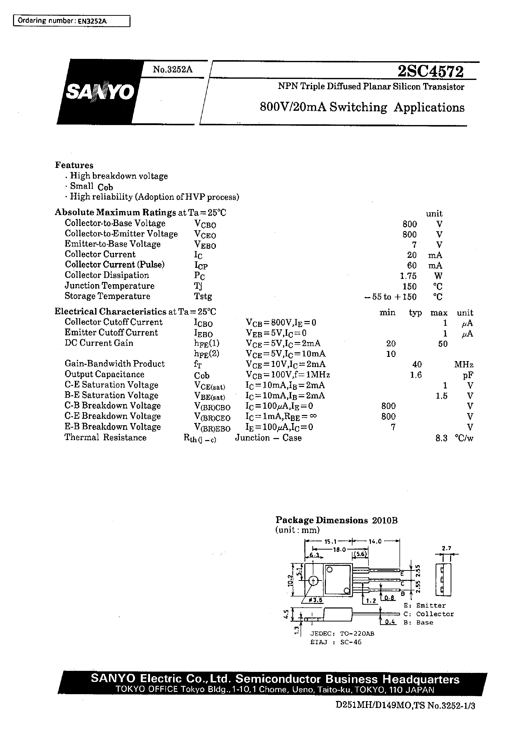 Datasheet 2SC4572 page 1 Datasheet 2SC4572 - 800V/20mA Switching Applications page 1