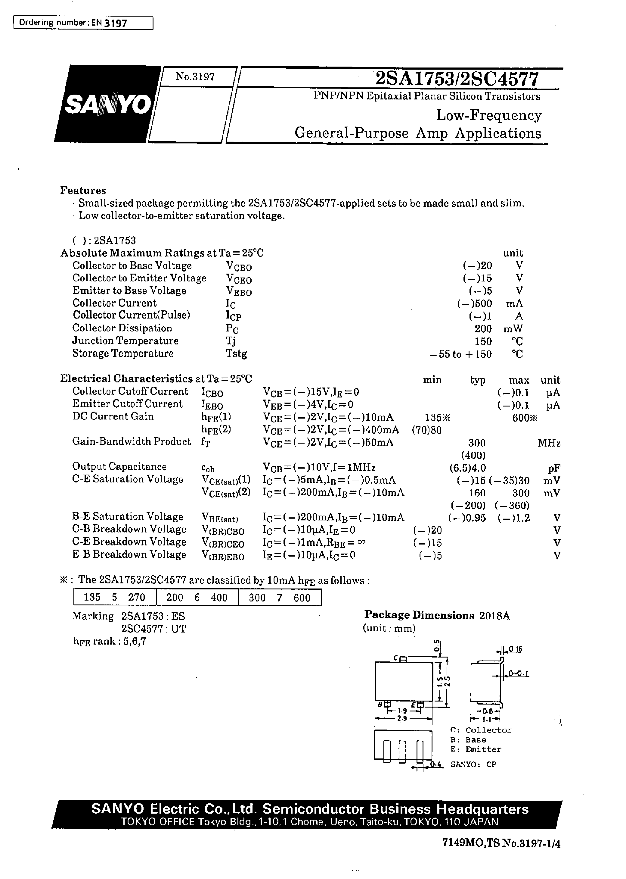 Datasheet 2SC4577 - Low-Frequency General-Purpose Amp Applications page 1