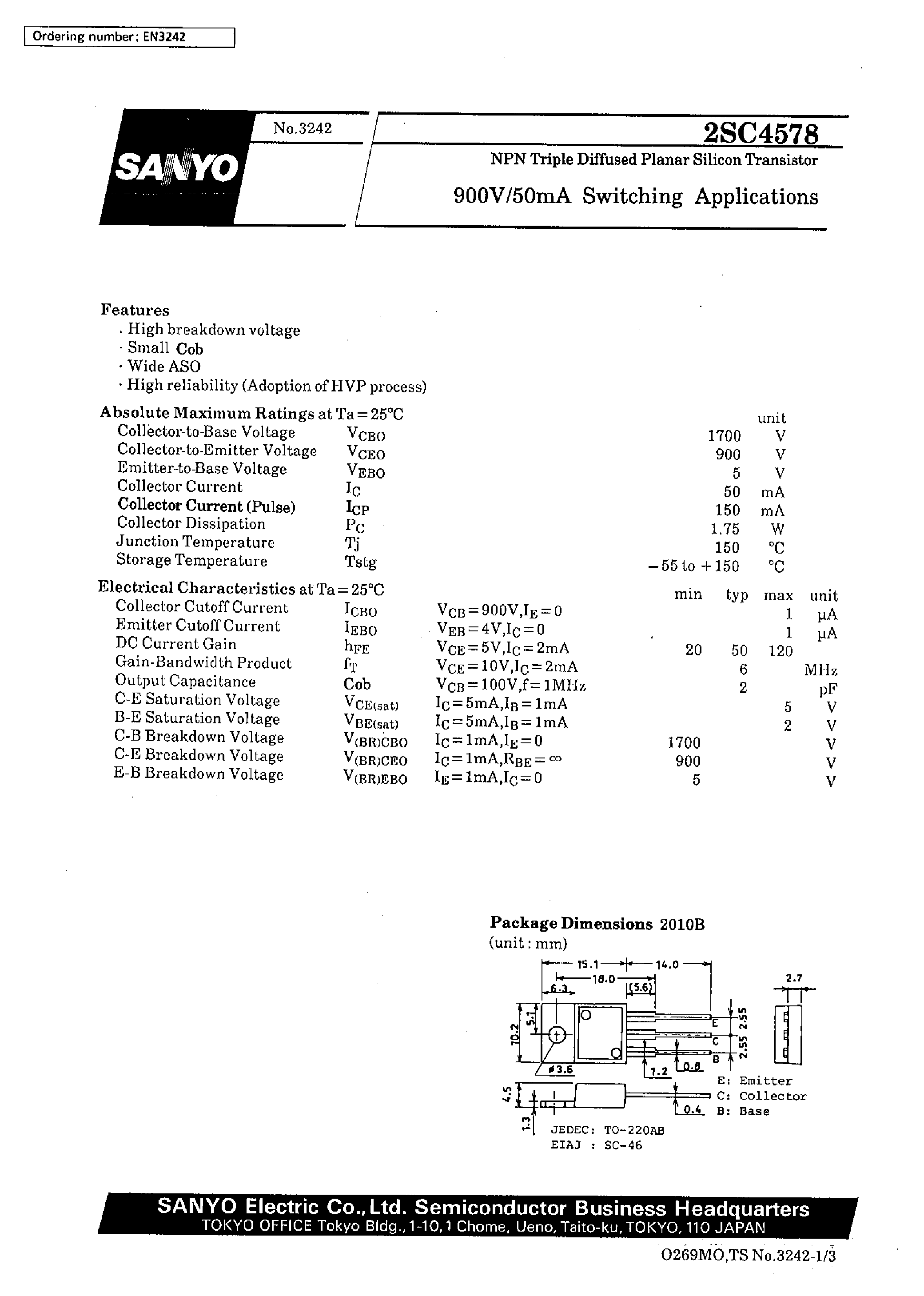 Datasheet 2SC4578 - NPN Triple Diffused(for 900V/50mA Switching) page 1