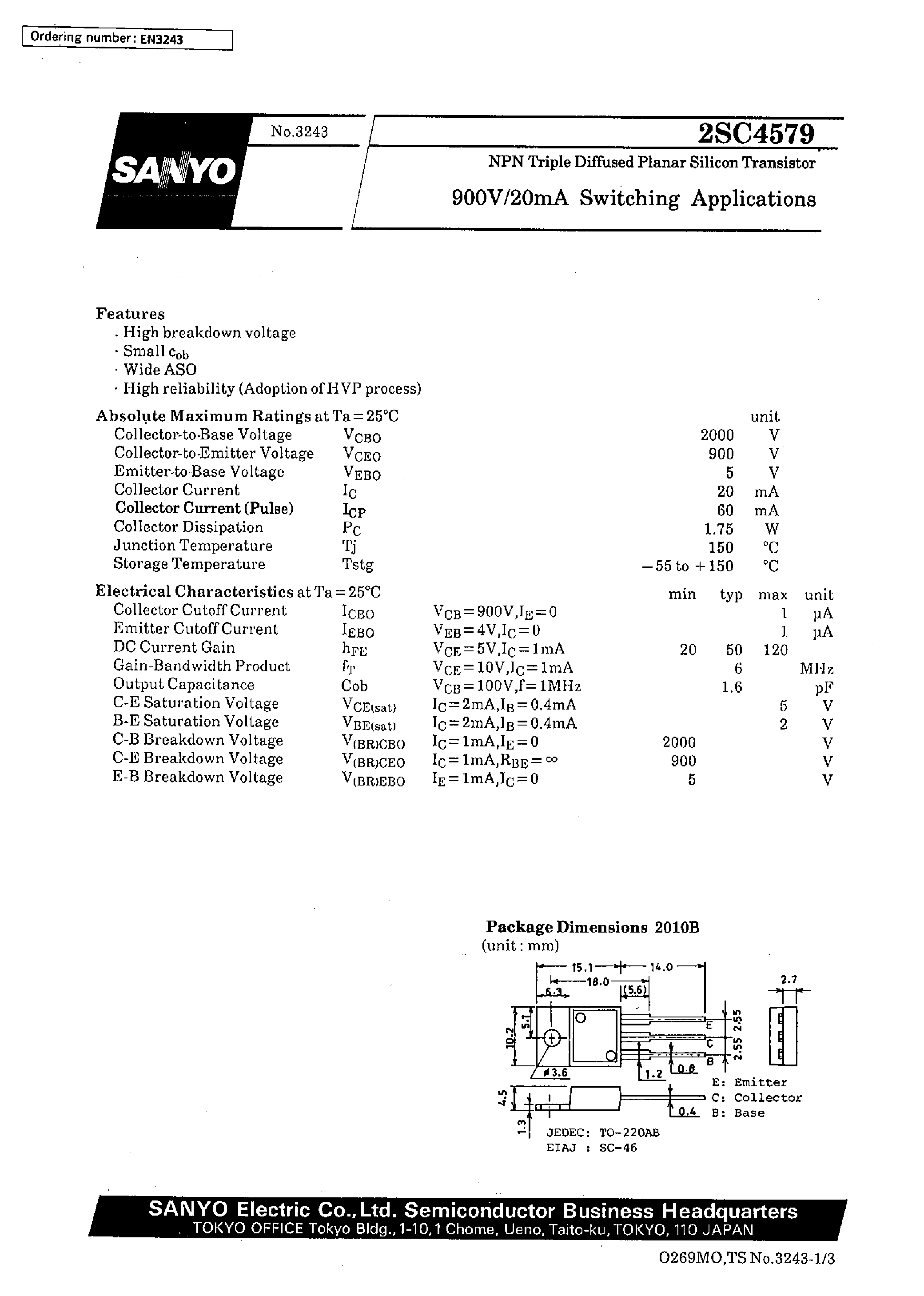 Datasheet 2SC4579 page 1 Datasheet 2SC4579 - 900V/20mA Switching Applications page 1