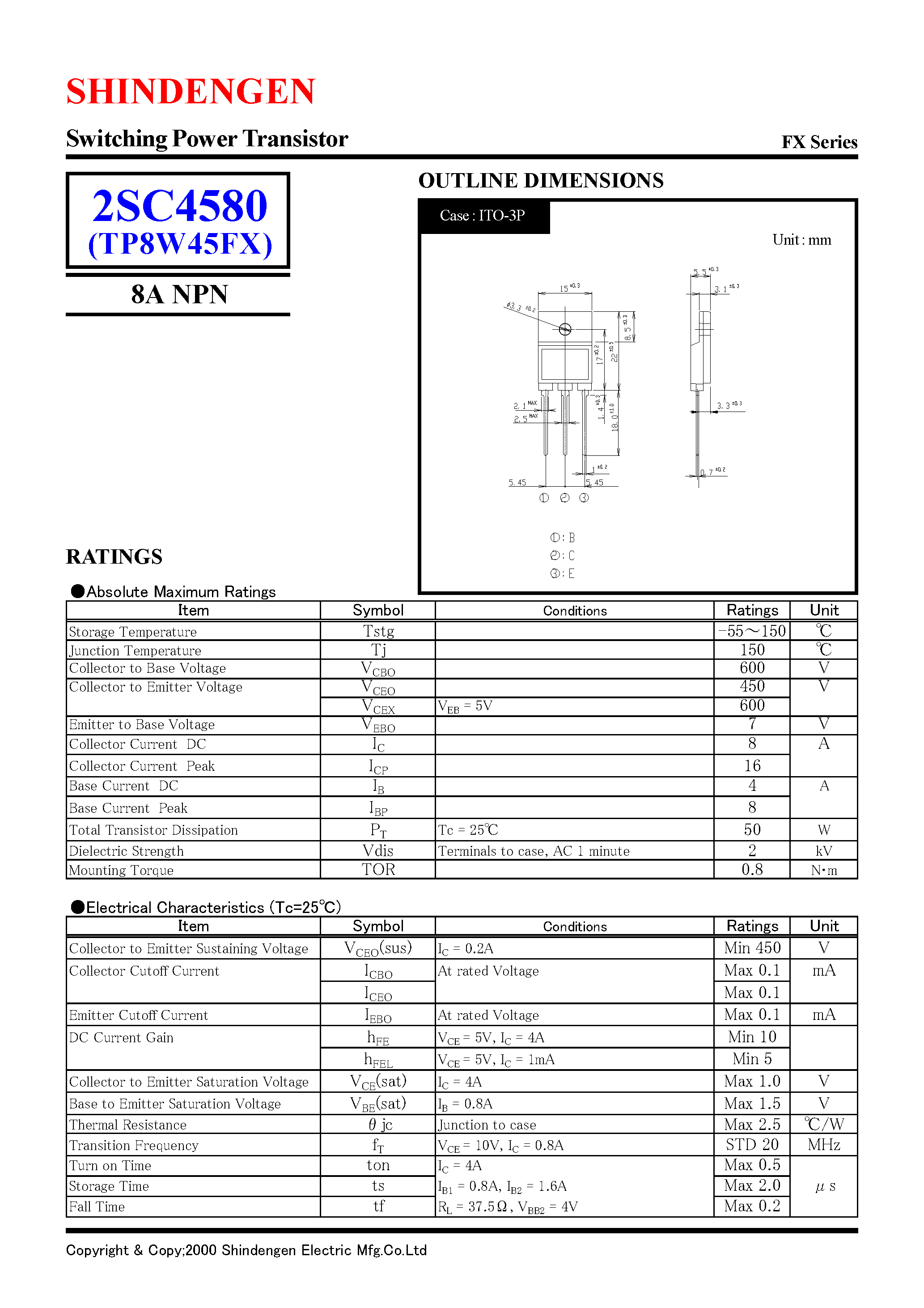 Datasheet 2SC4580 - Switching Power Transistor(8A NPN) page 1