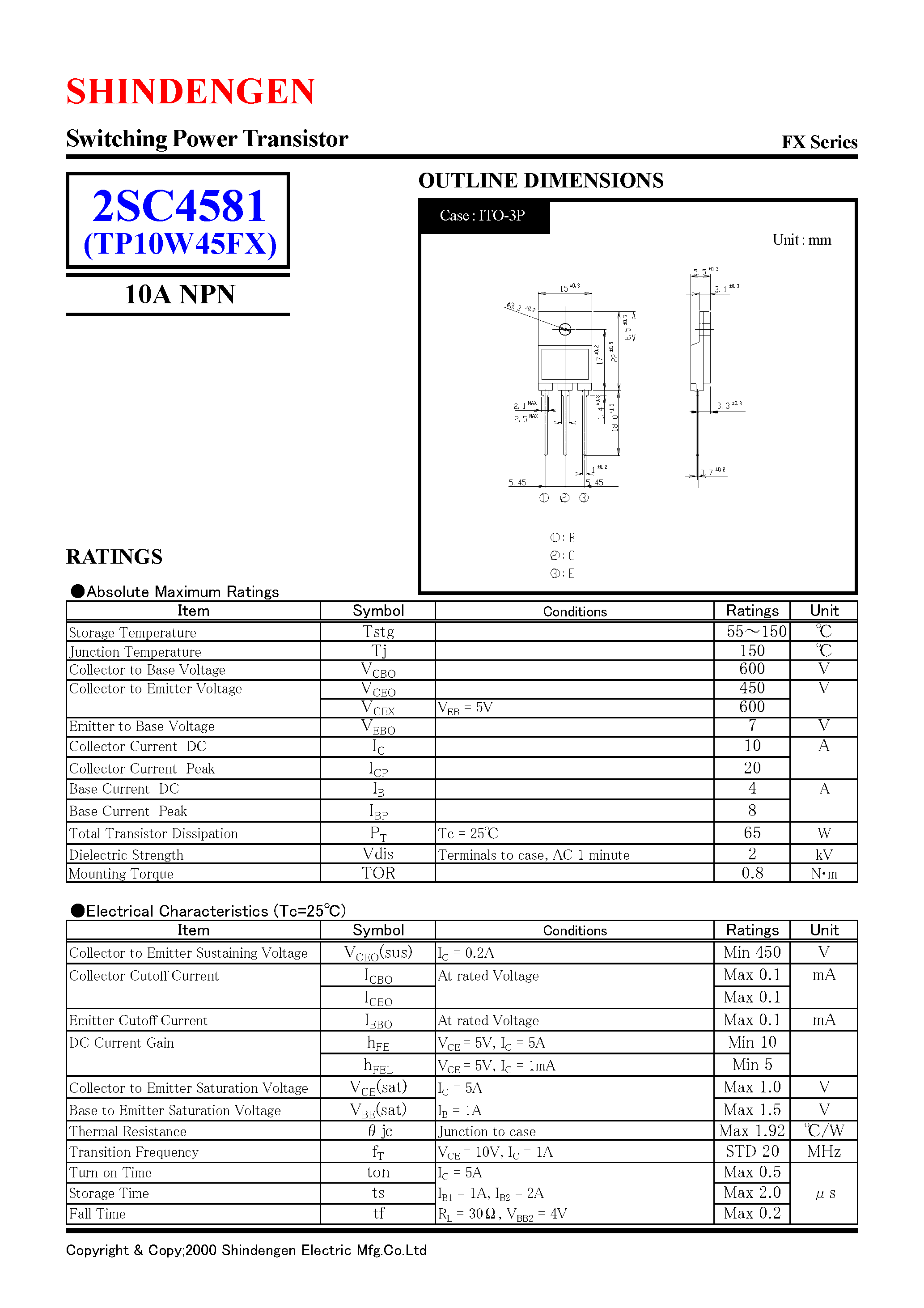 Datasheet 2SC4581 - Switching Power Transistor(10A NPN) page 1