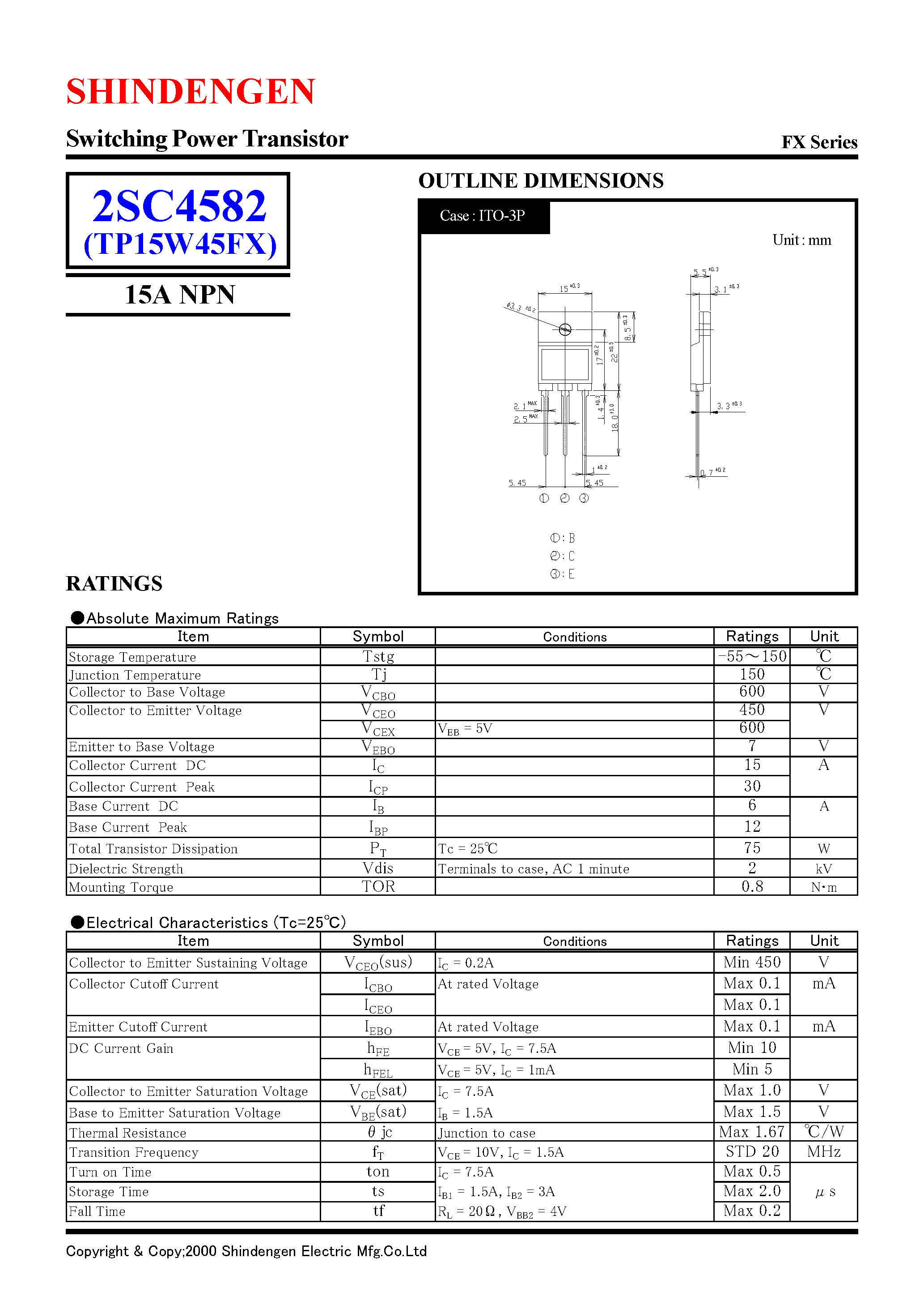 Datasheet 2SC4582 - Switching Power Transistor(15A NPN) page 1