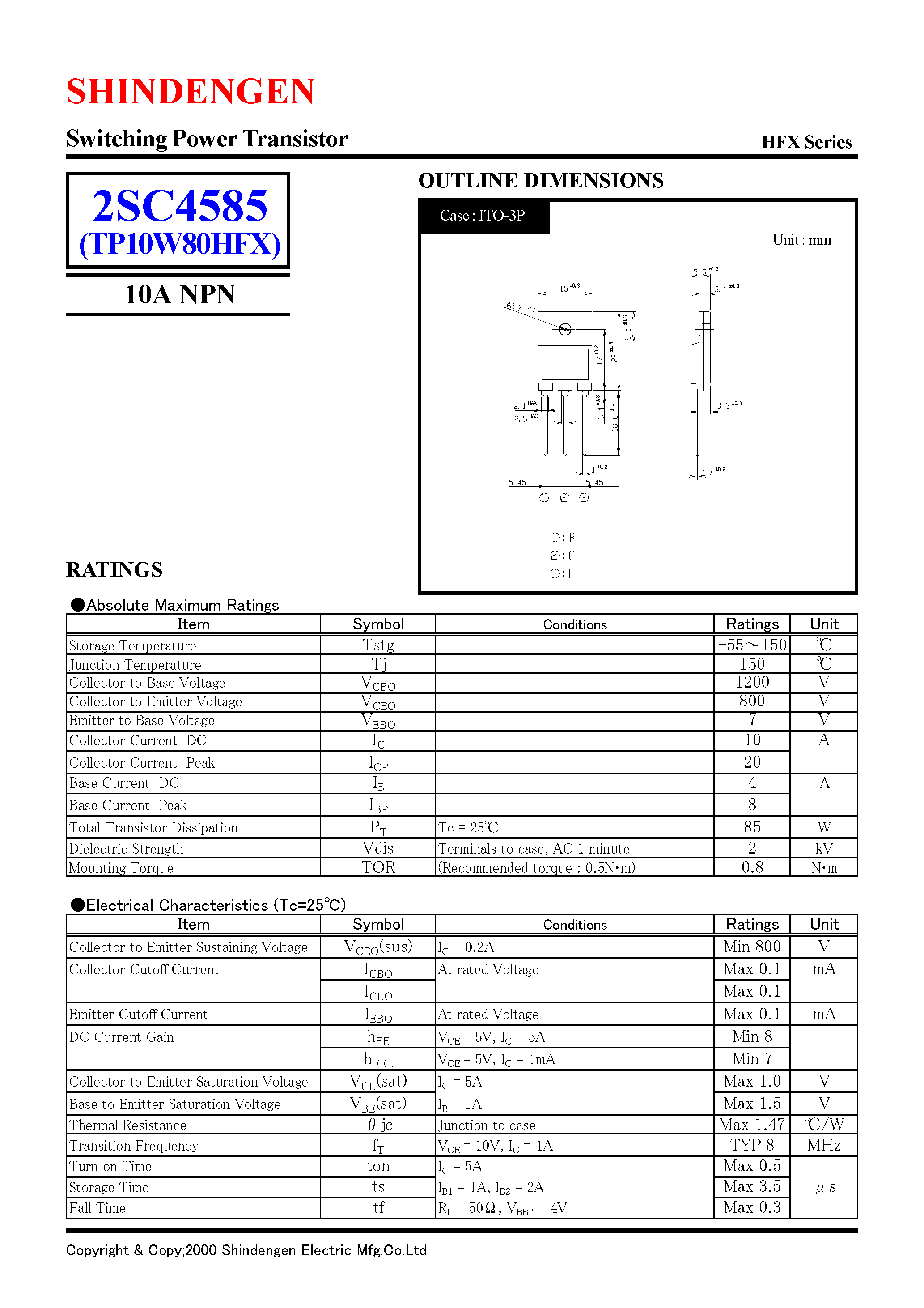 Datasheet 2SC4585 - Switching Power Transistor(10A NPN) page 1