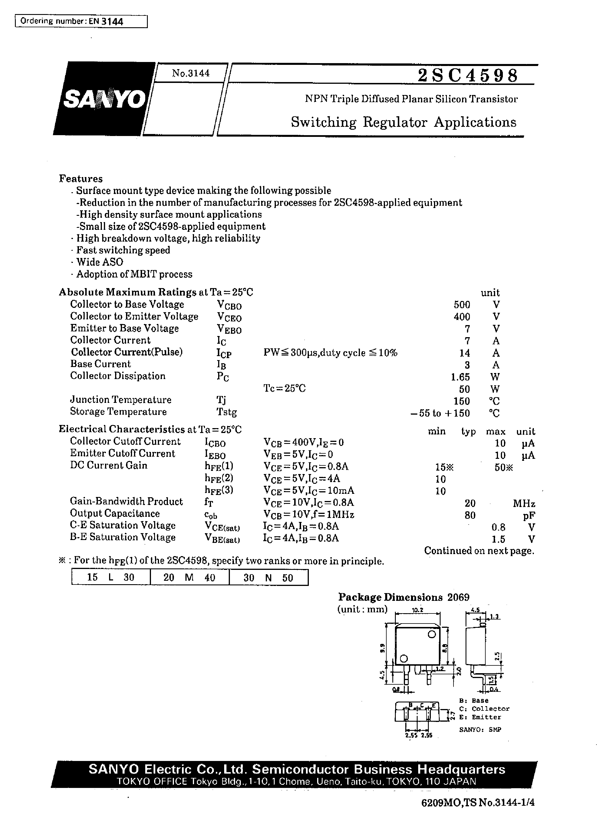 Datasheet 2SC4598 page 1 Datasheet 2SC4598 - Switching Regulator Applications page 1