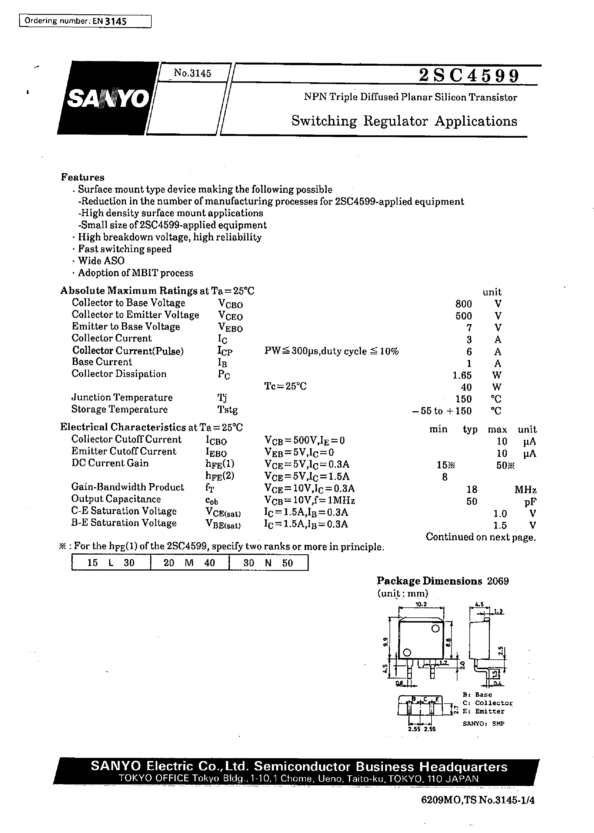 Datasheet 2SC4599 page 1 Datasheet 2SC4599 - Switching Regulator Applications page 1