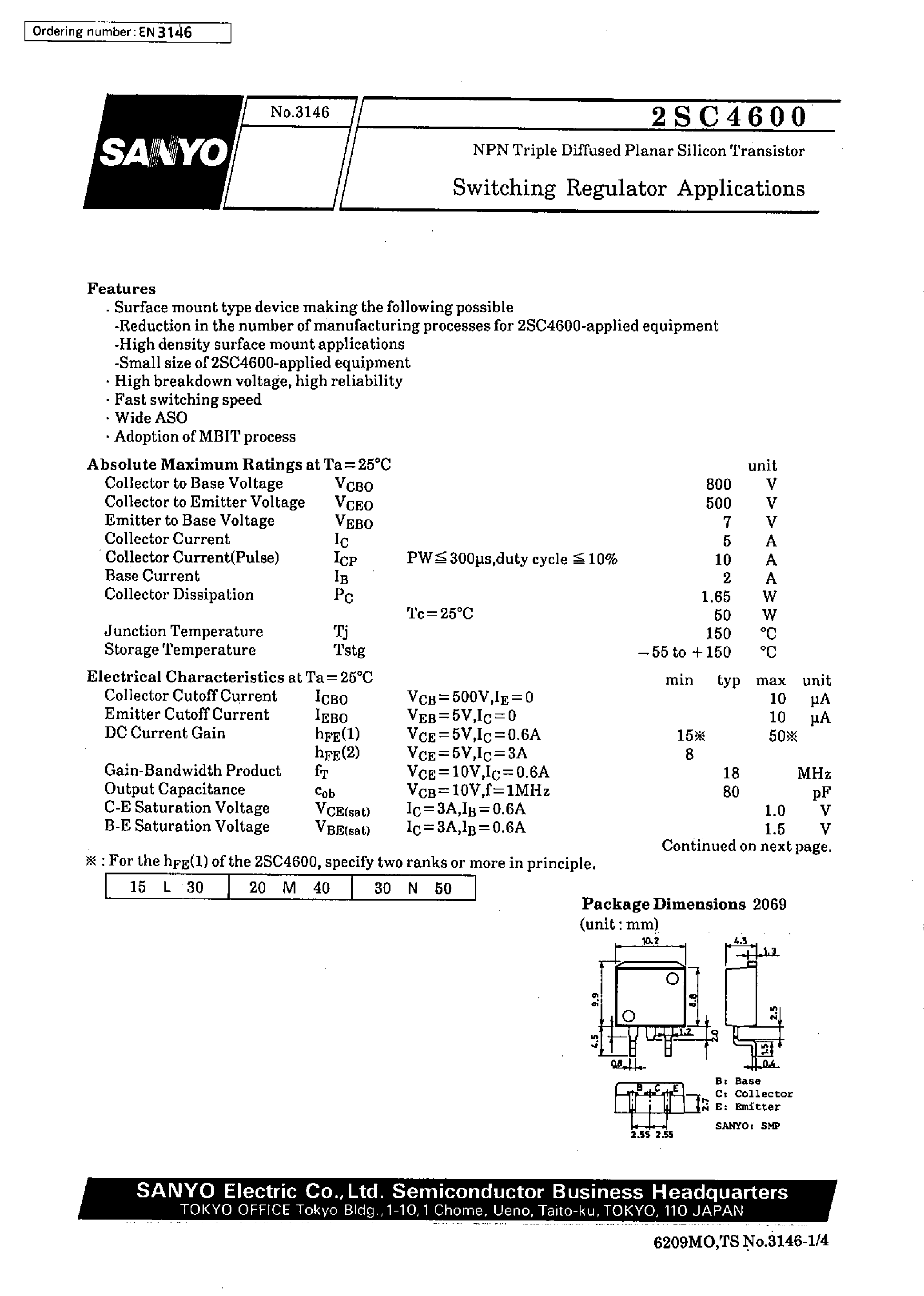 Datasheet 2SC4600 - Switching Regulator Applications page 1