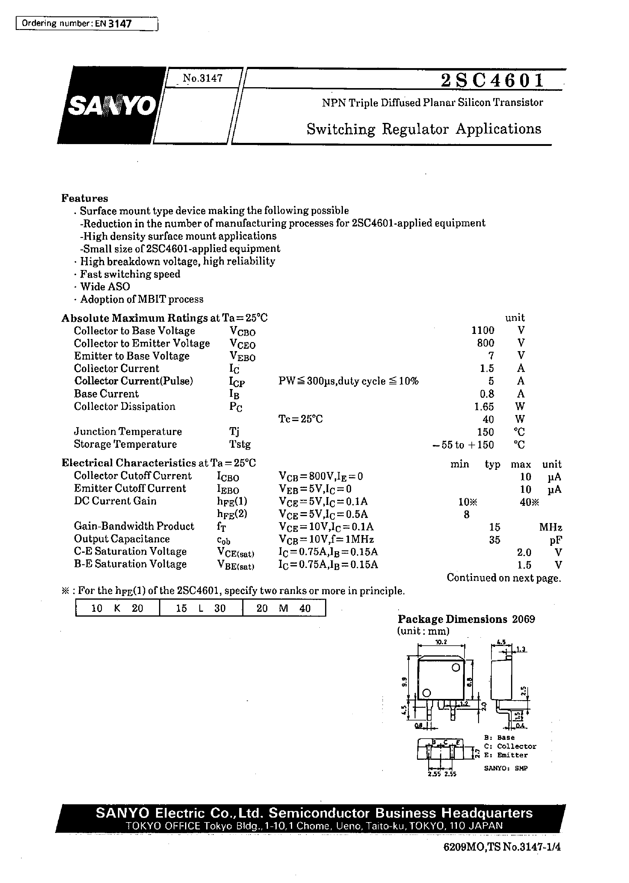 Datasheet 2SC4601 page 1 Datasheet 2SC4601 - Switching Regulator Applications page 1