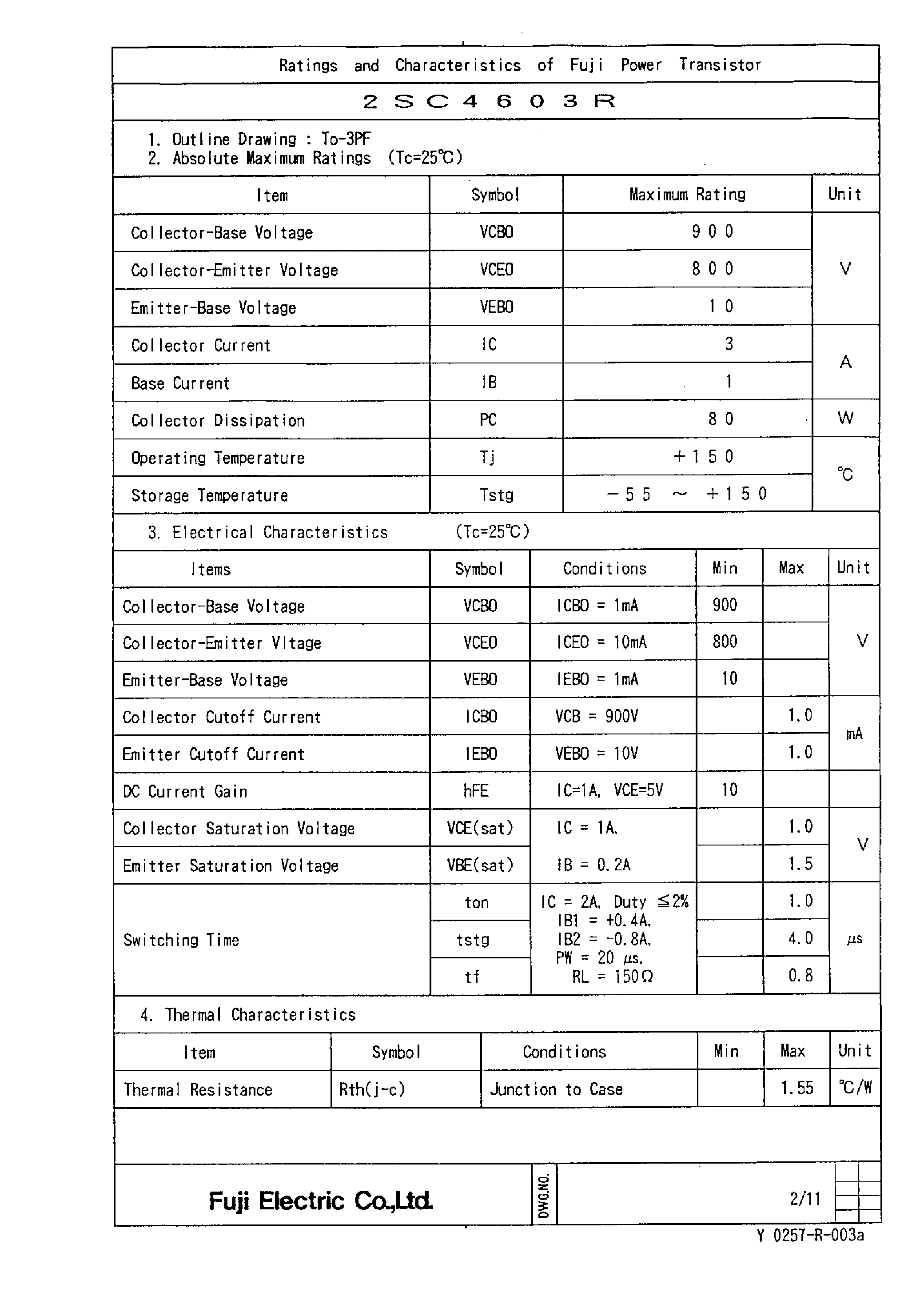 Datasheet 2SC4603 - Ratigns and Caracteristics of Fuji Power Transistor page 2