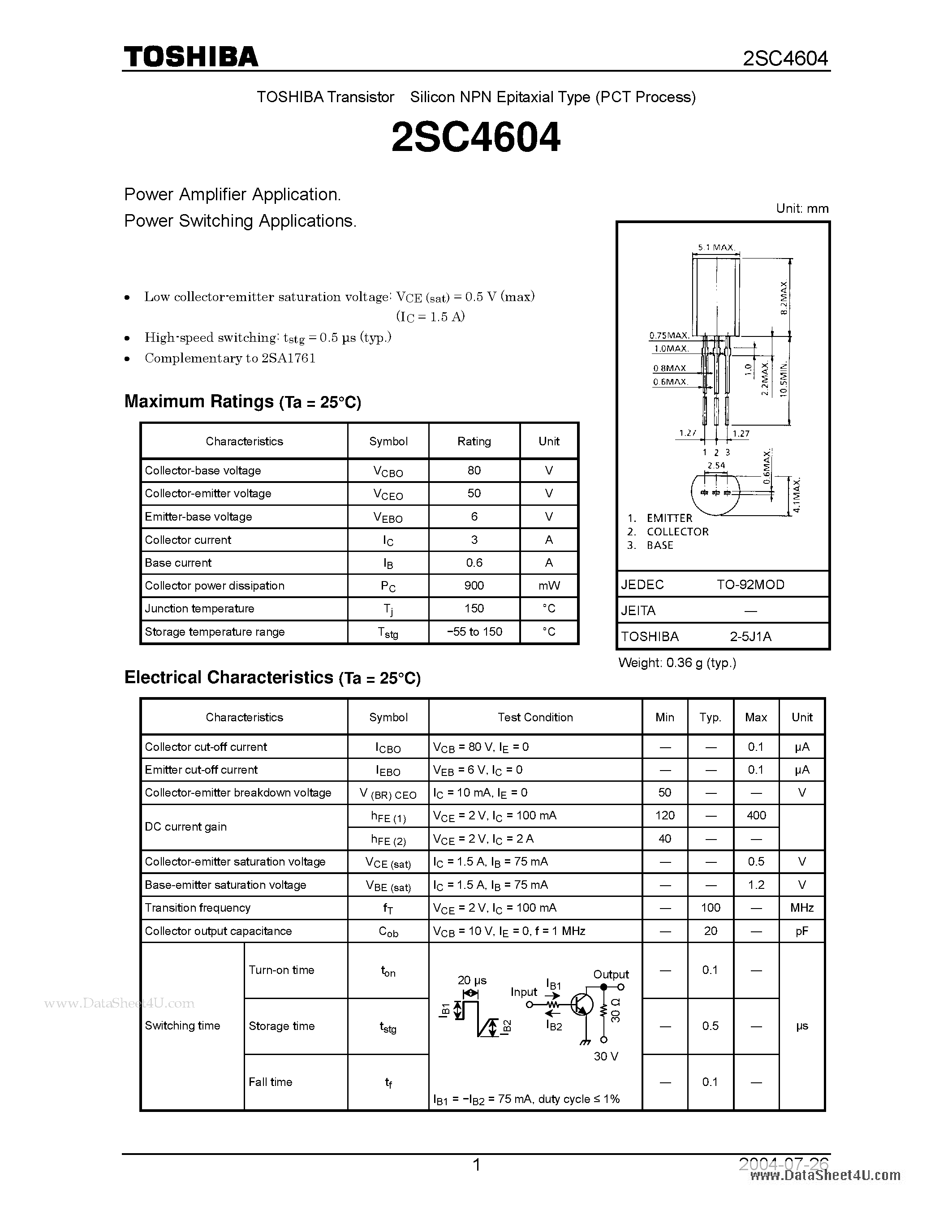 Datasheet 2SC4604 page 1 Datasheet 2SC4604 - NPN EPITAXIAL TYPE (POWER AMPLIFIER/ SWITCHING APPLICATIONS) page 1