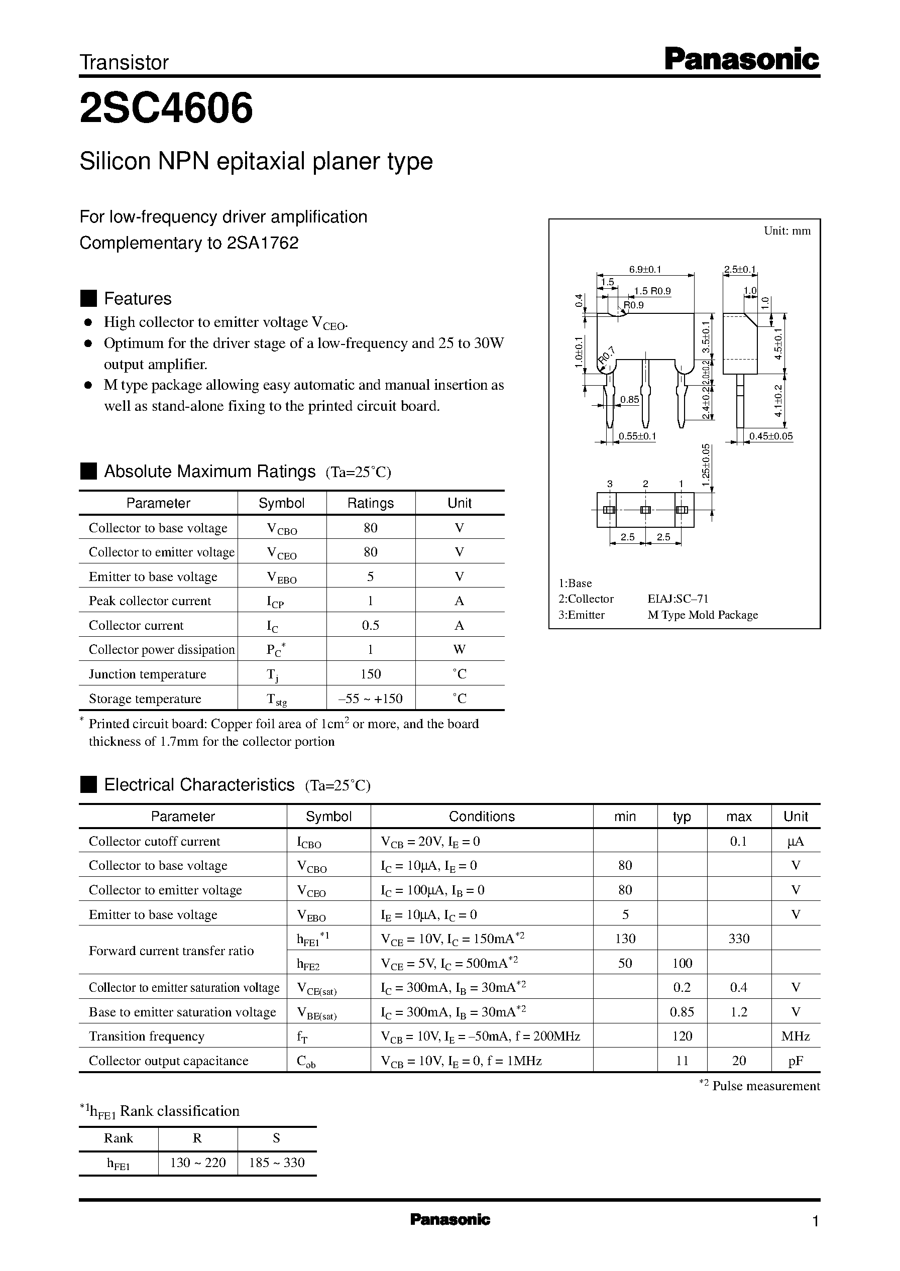 Datasheet 2SC4606 - Silicon PNP epitaxial planer type page 1