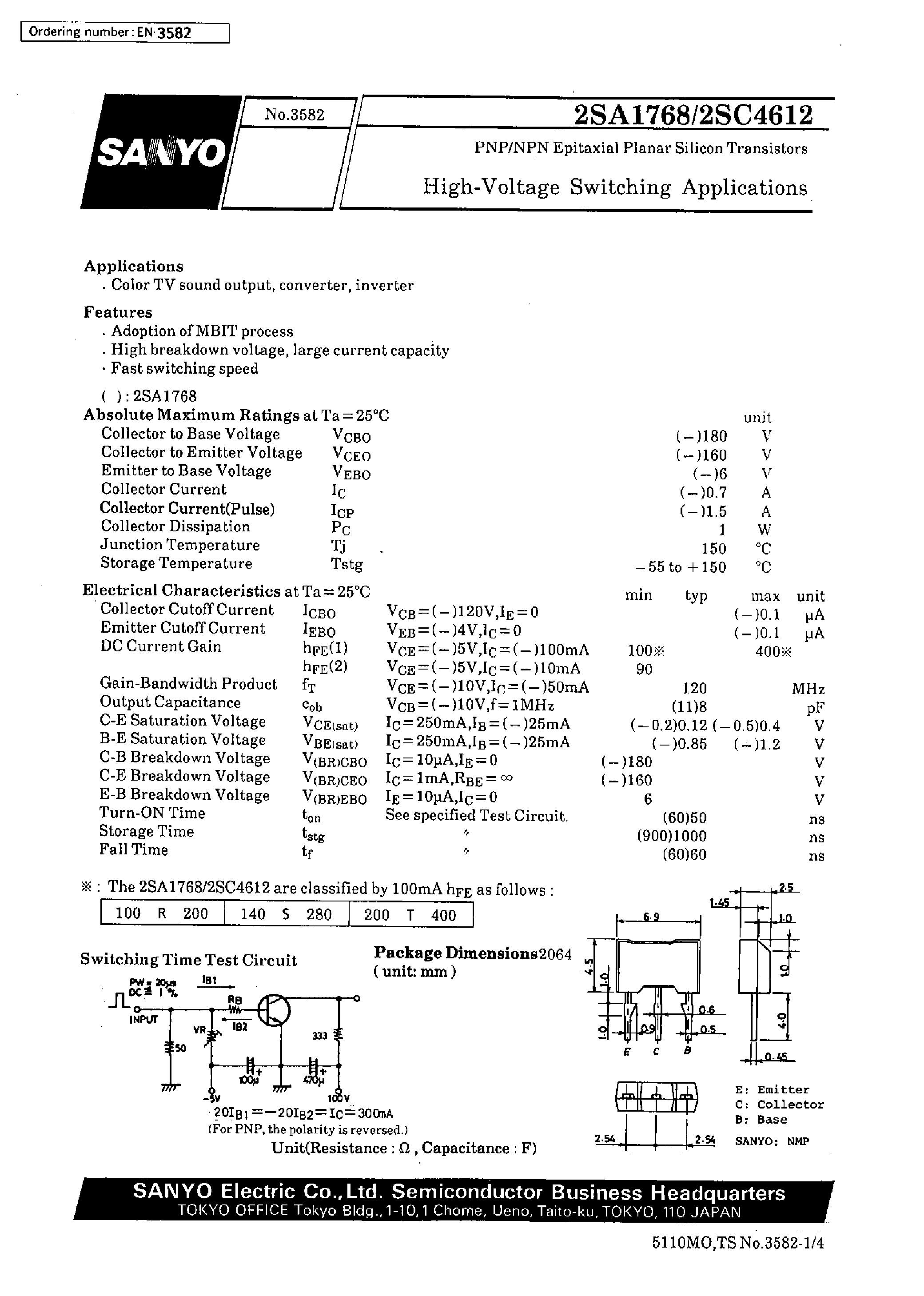 Datasheet 2SC4612 - High-Voltage Switching Applications page 1
