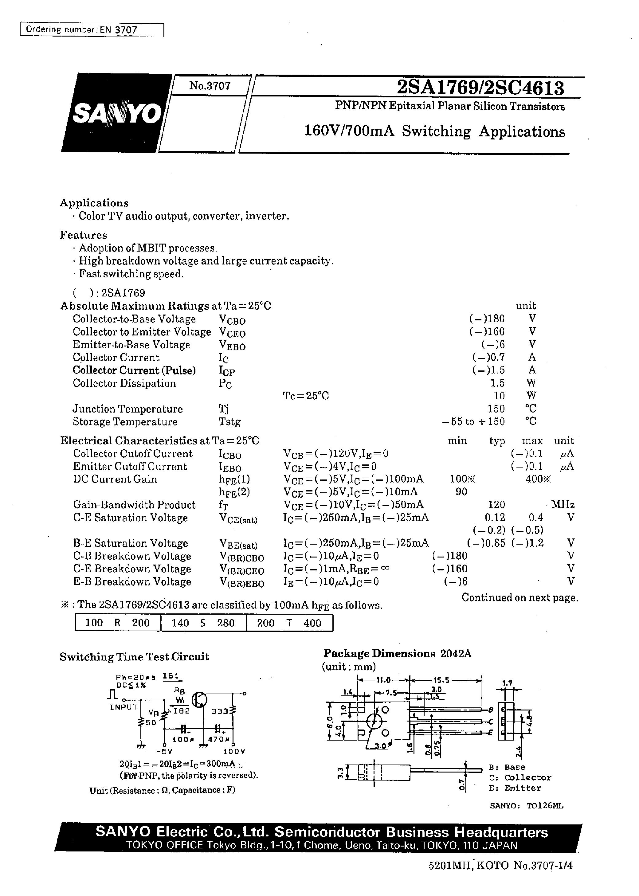 Datasheet 2SC4613 - 160V/700mA Switching Applications page 1