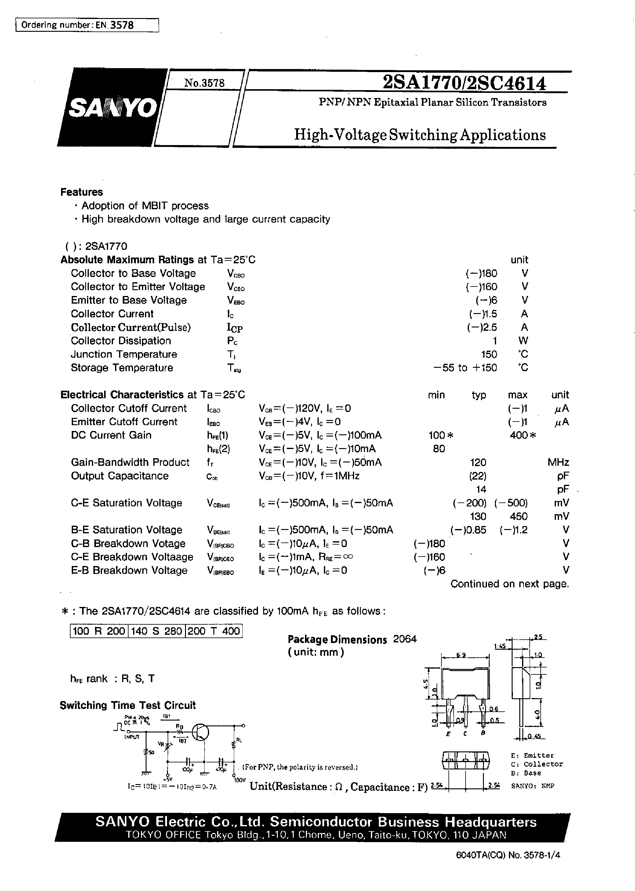 Datasheet 2SC4614 - High-Voltage Switching Applications page 1