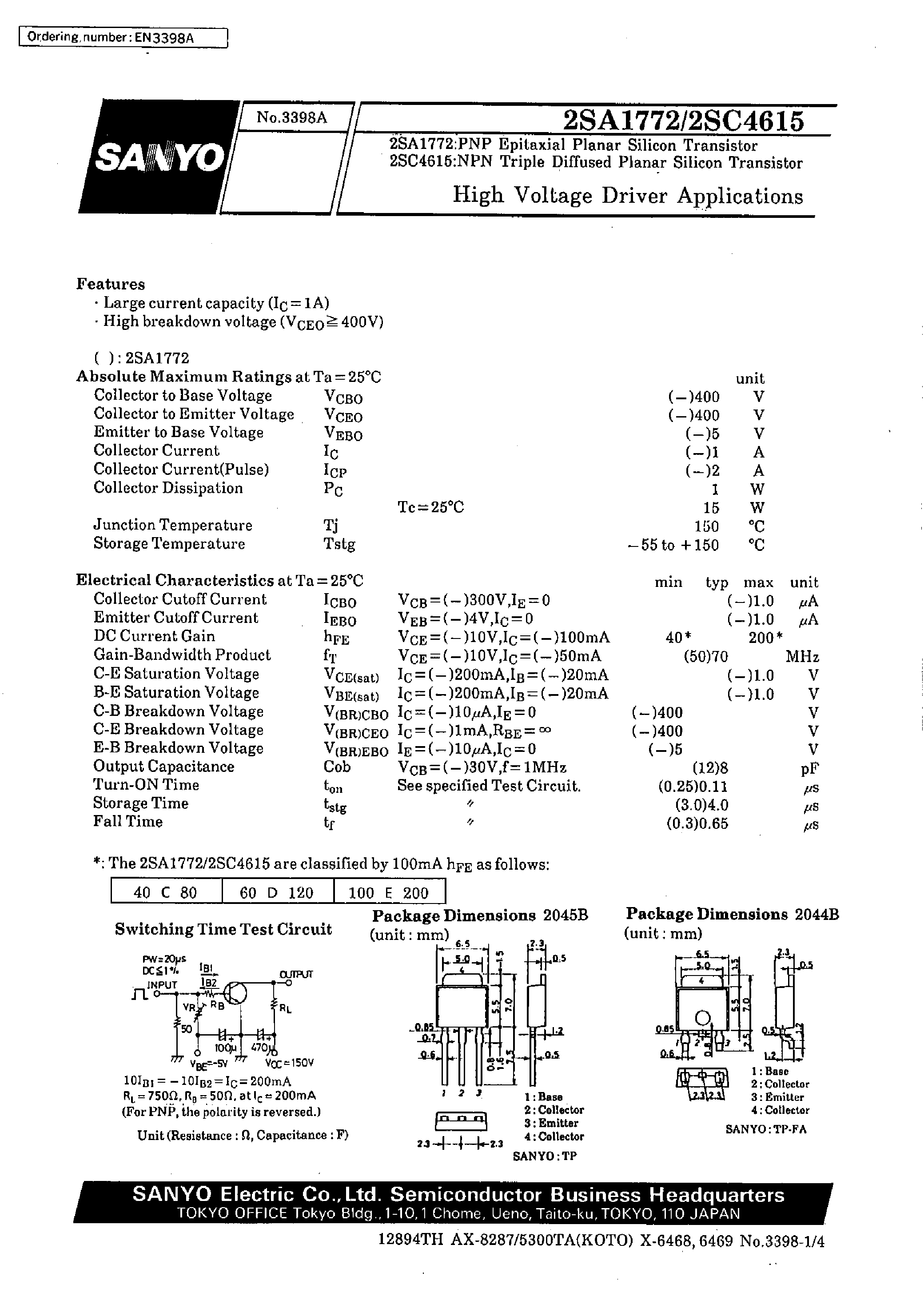 Datasheet 2SC4615 - High Voltage Driver Applications page 1