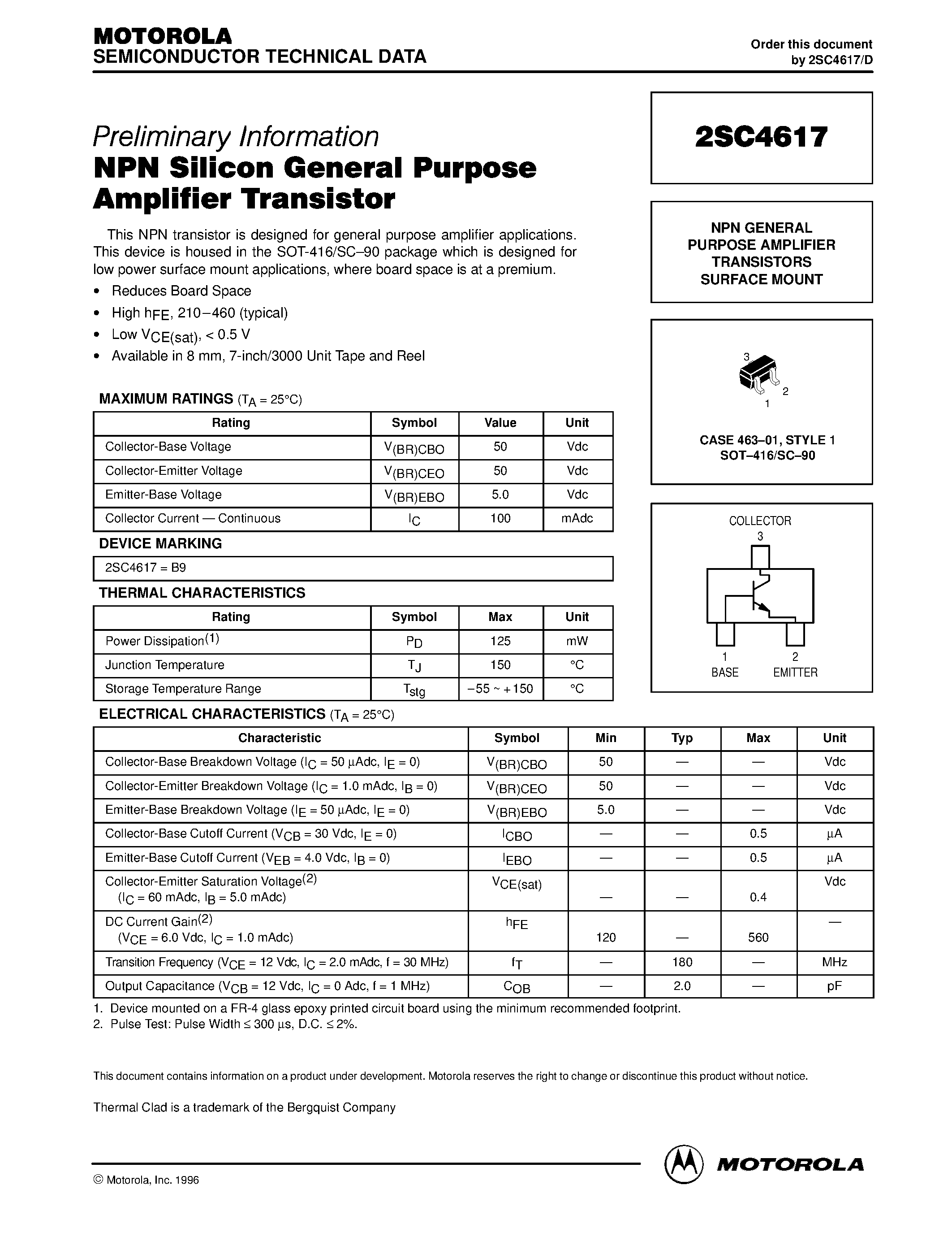 Даташит на микросхему 2SC4617 страница 1 Даташит 2SC4617 - NPN GENERAL PURPOSE AMPLIFIER TRANSISTORS SURFACE MOUNT страница 1