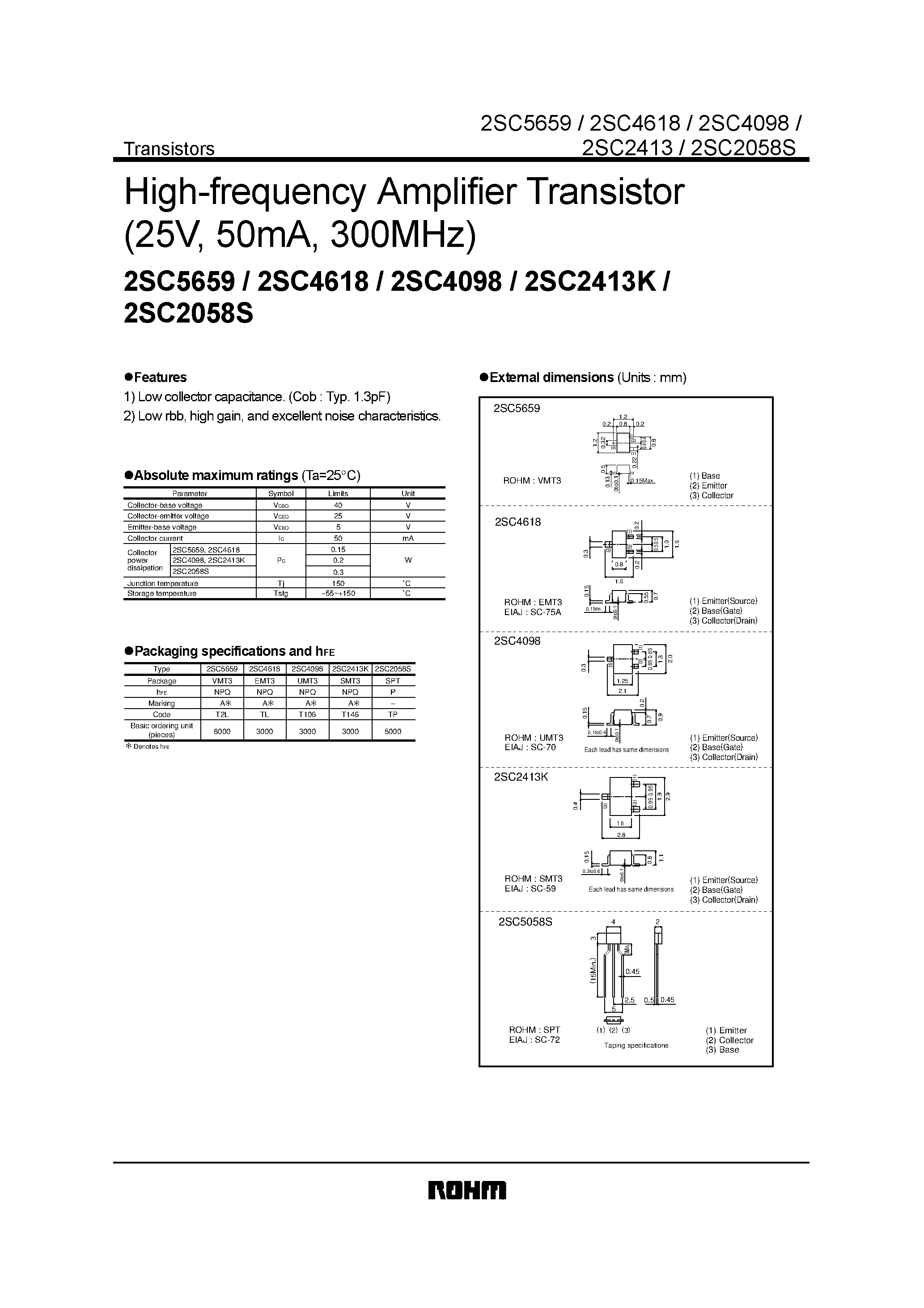 Datasheet 2SC4618 - High-frequency Amplifier Transistor(25V/ 50mA/ 300MHz) page 1