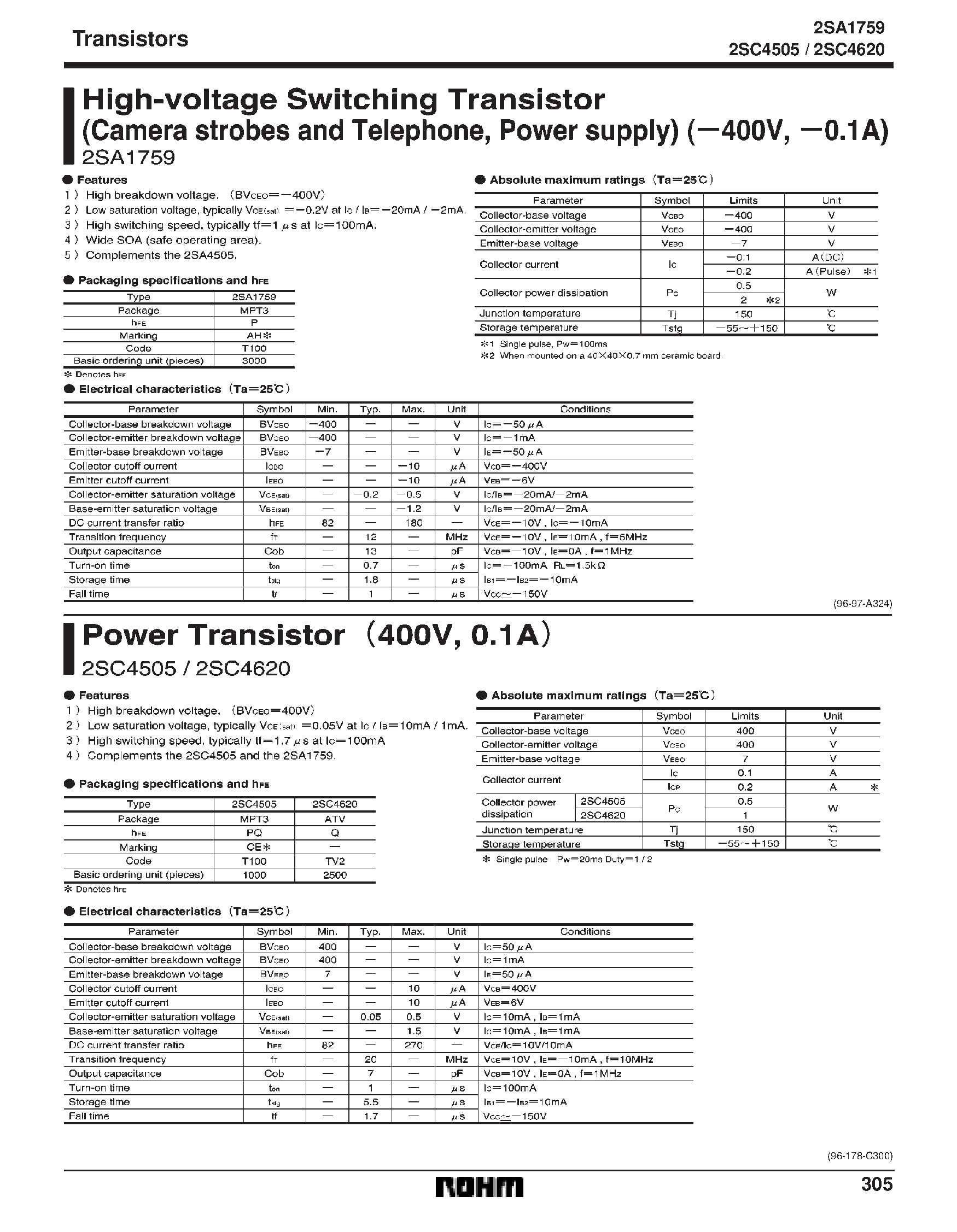 Datasheet 2SC4620 - High-Voltage Switching Transistor(Camera strobes and Telephone/ Power supply) page 1