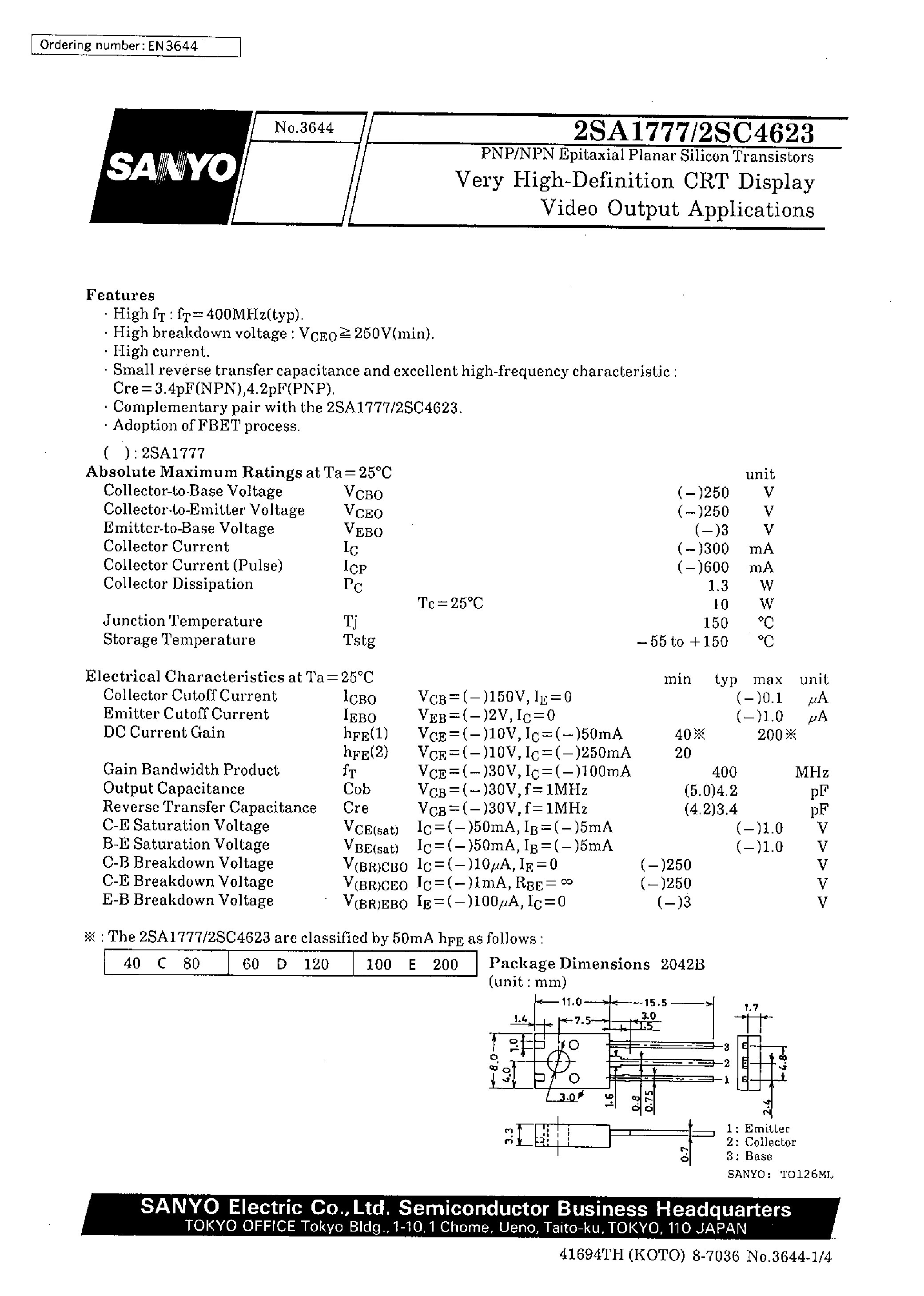 Datasheet 2SC4623 - Very High-Definition CRT Display/ Video Output Applications page 1