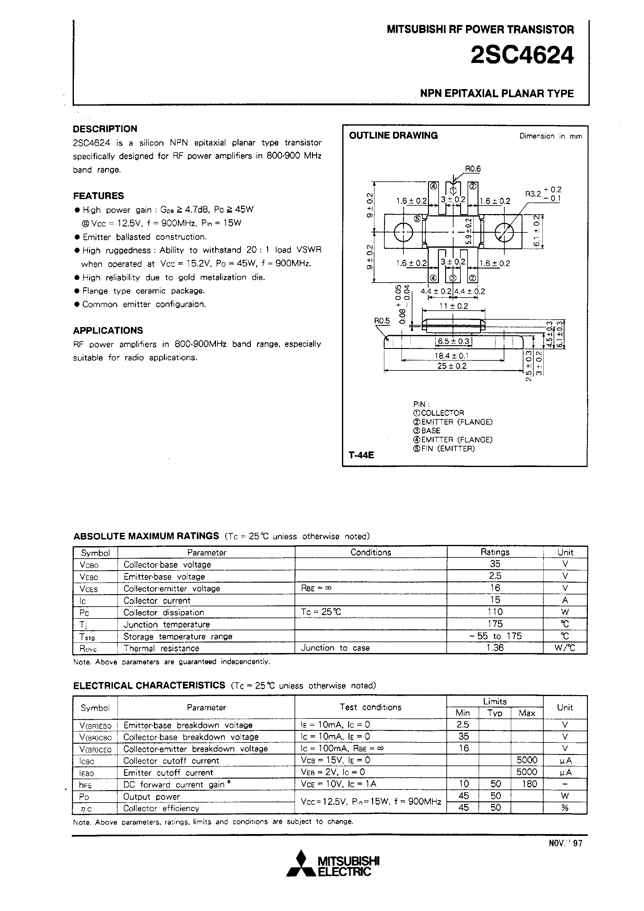 Datasheet 2SC4624 - NPN EPITAXIAL PLANAR TYPE (RF POWER TRANSISTOR) page 1