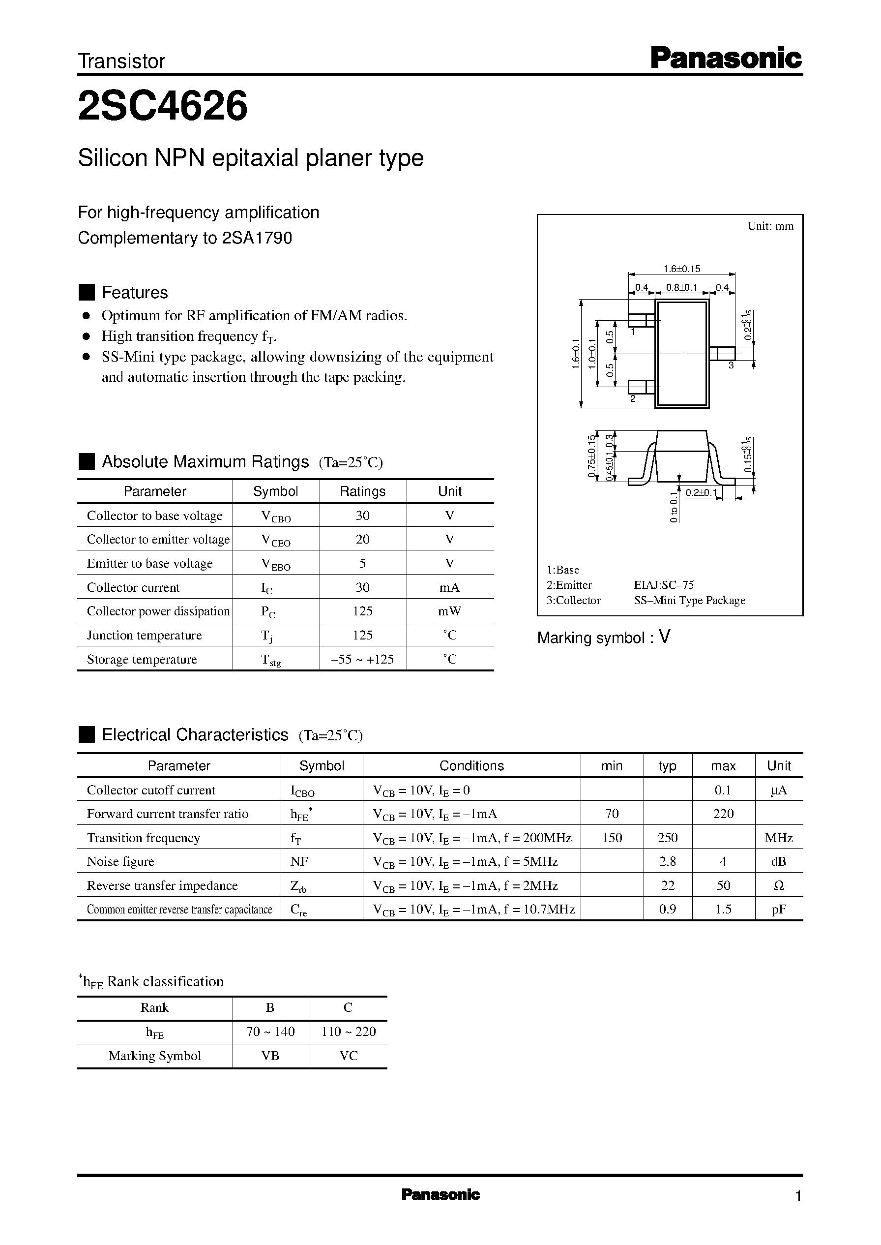 Datasheet 2SC4626 page 1 Datasheet 2SC4626 - Transistors (Selection Guide by Applications and Functions) page 1