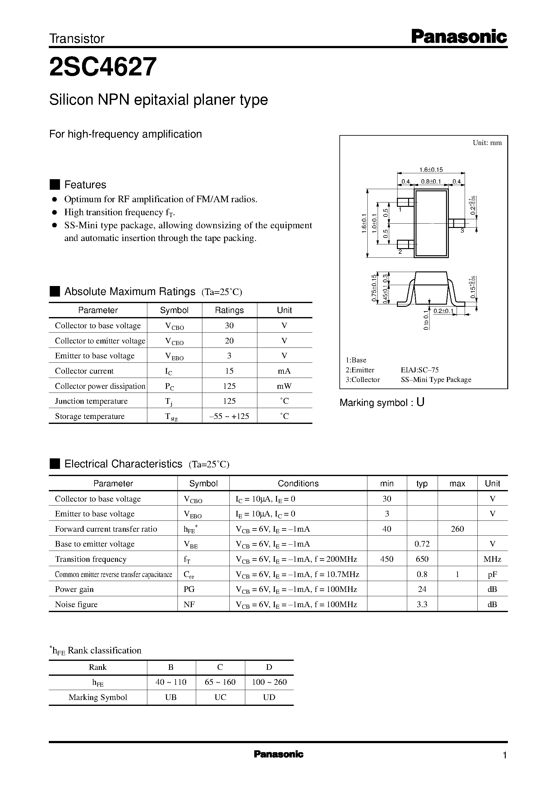 Datasheet 2SC4627 - Transistors (Selection Guide by Applications and Functions) page 1