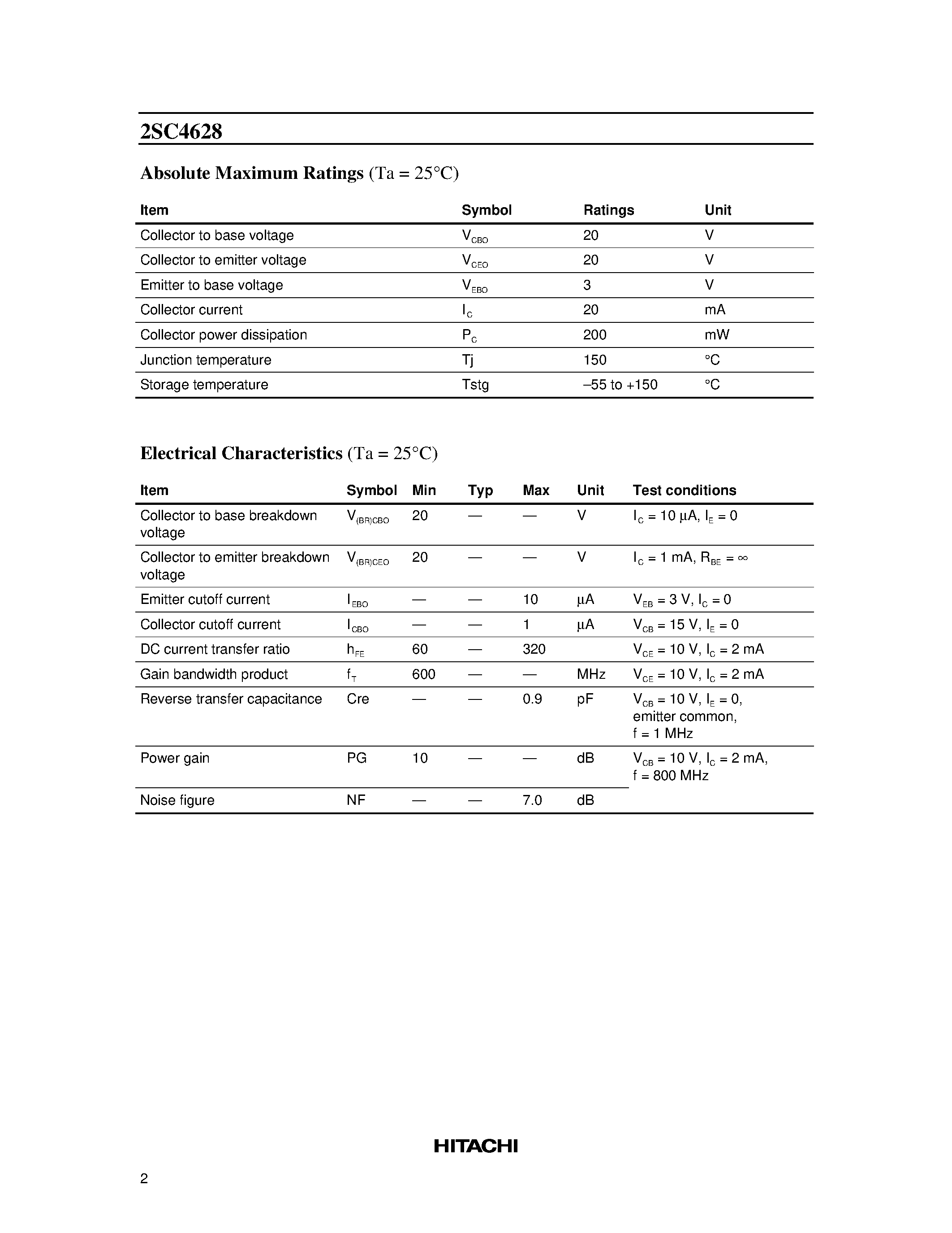 Datasheet 2SC4628 page 2 Datasheet 2SC4628 - Silicon NPN Planar page 2