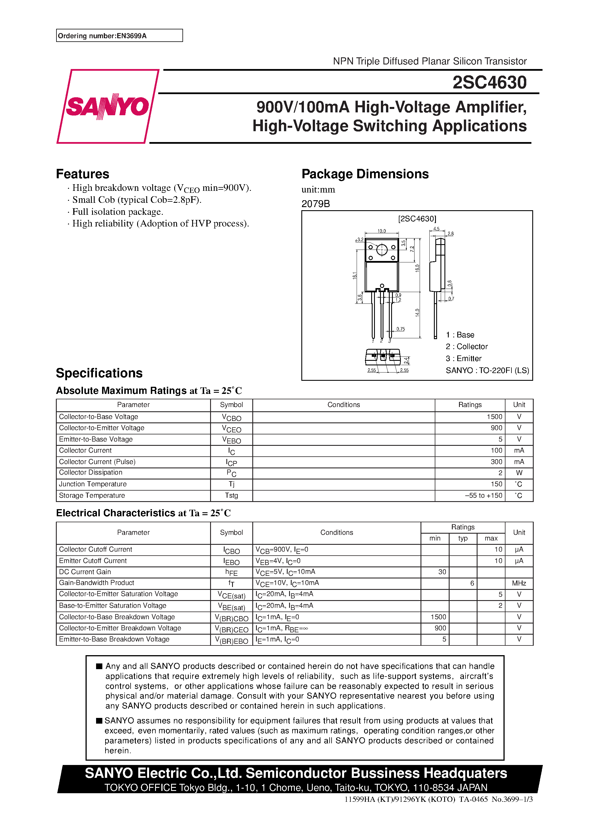 Datasheet 2SC4630 - High-Voltage Amp/ High-Voltage Switching Applications page 1