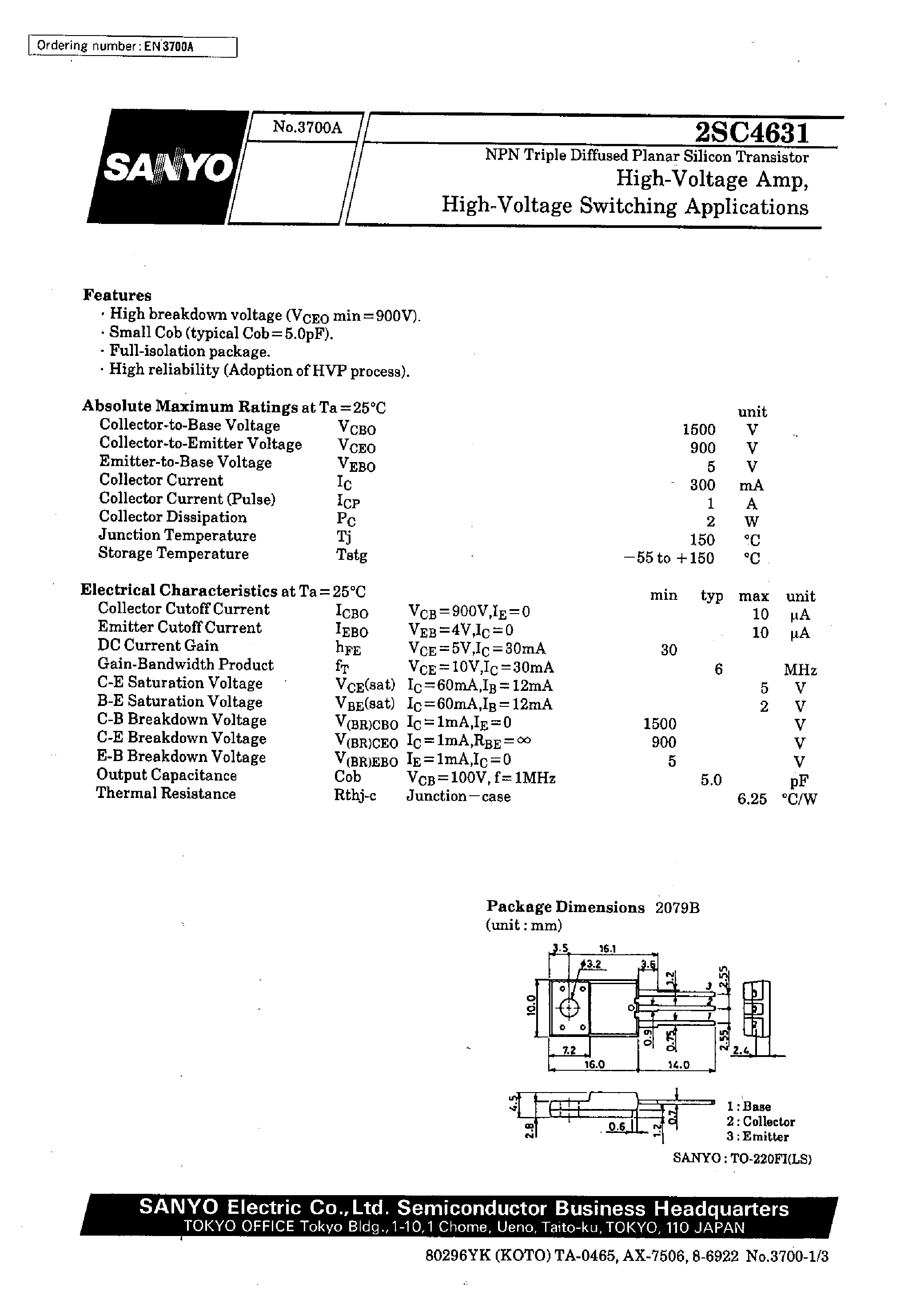 Datasheet 2SC4631 - High-Voltage Amp/ High-Voltage Switching Applications page 1