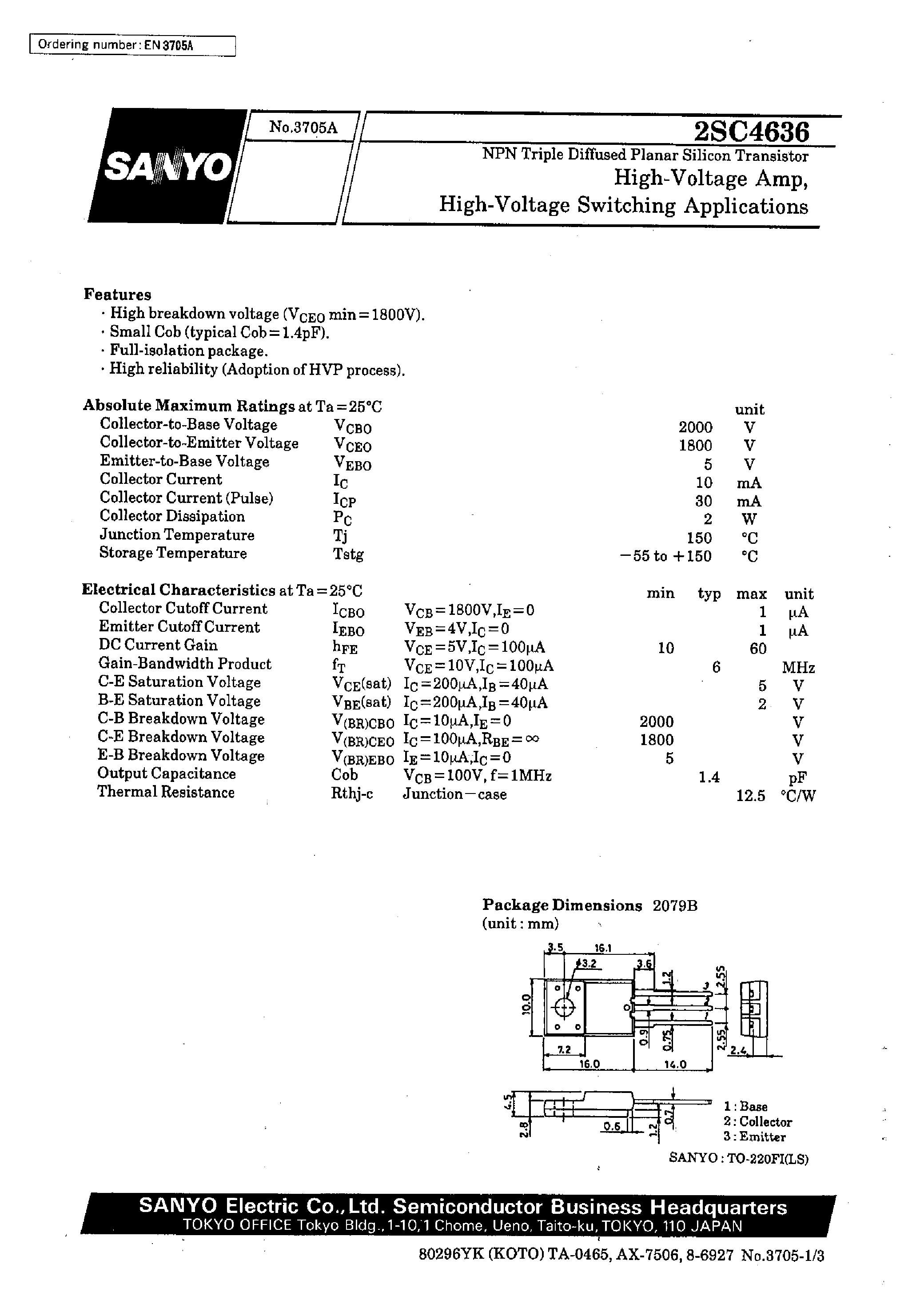 Datasheet 2SC4636 - High-Voltage Amp/ High-Voltage Switching Applications page 1