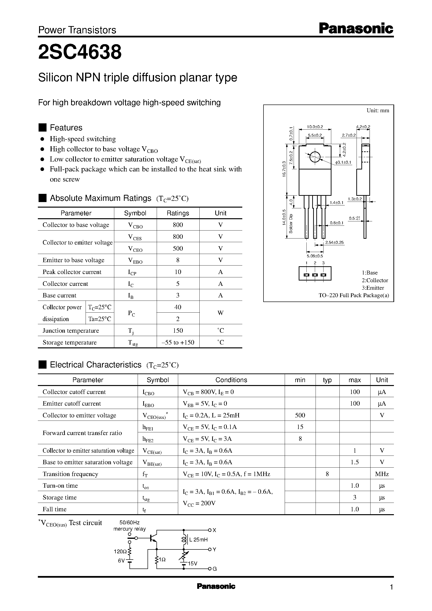 Datasheet 2SC4638 - Silicon NPN triple diffusion planar type(For high breakdown voltage high-speed switching) page 1