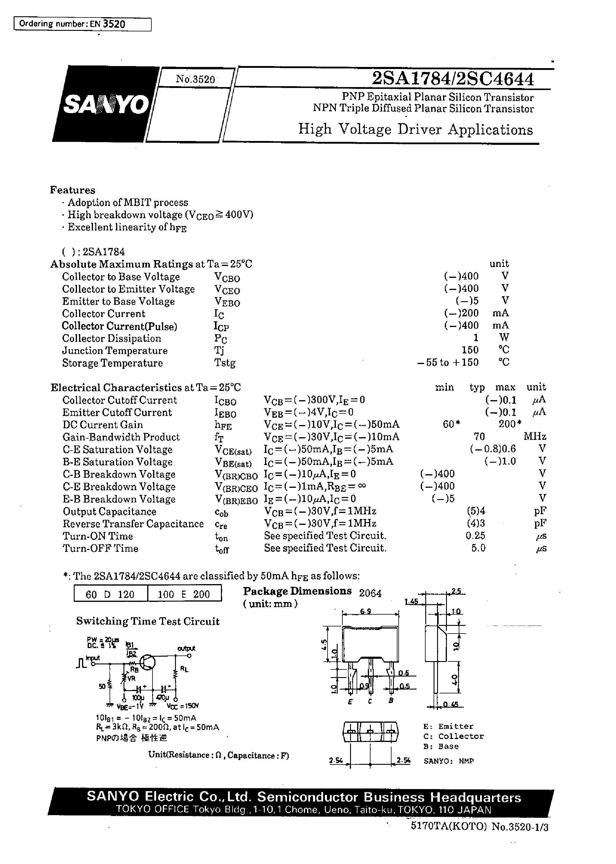 Datasheet 2SC4644 - High Voltage Driver Applications page 1