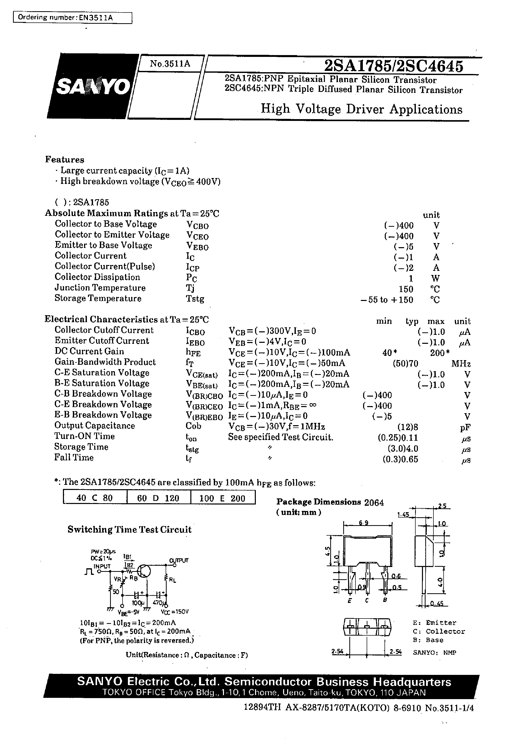 Datasheet 2SC4645 - High Voltage Driver Applications page 1