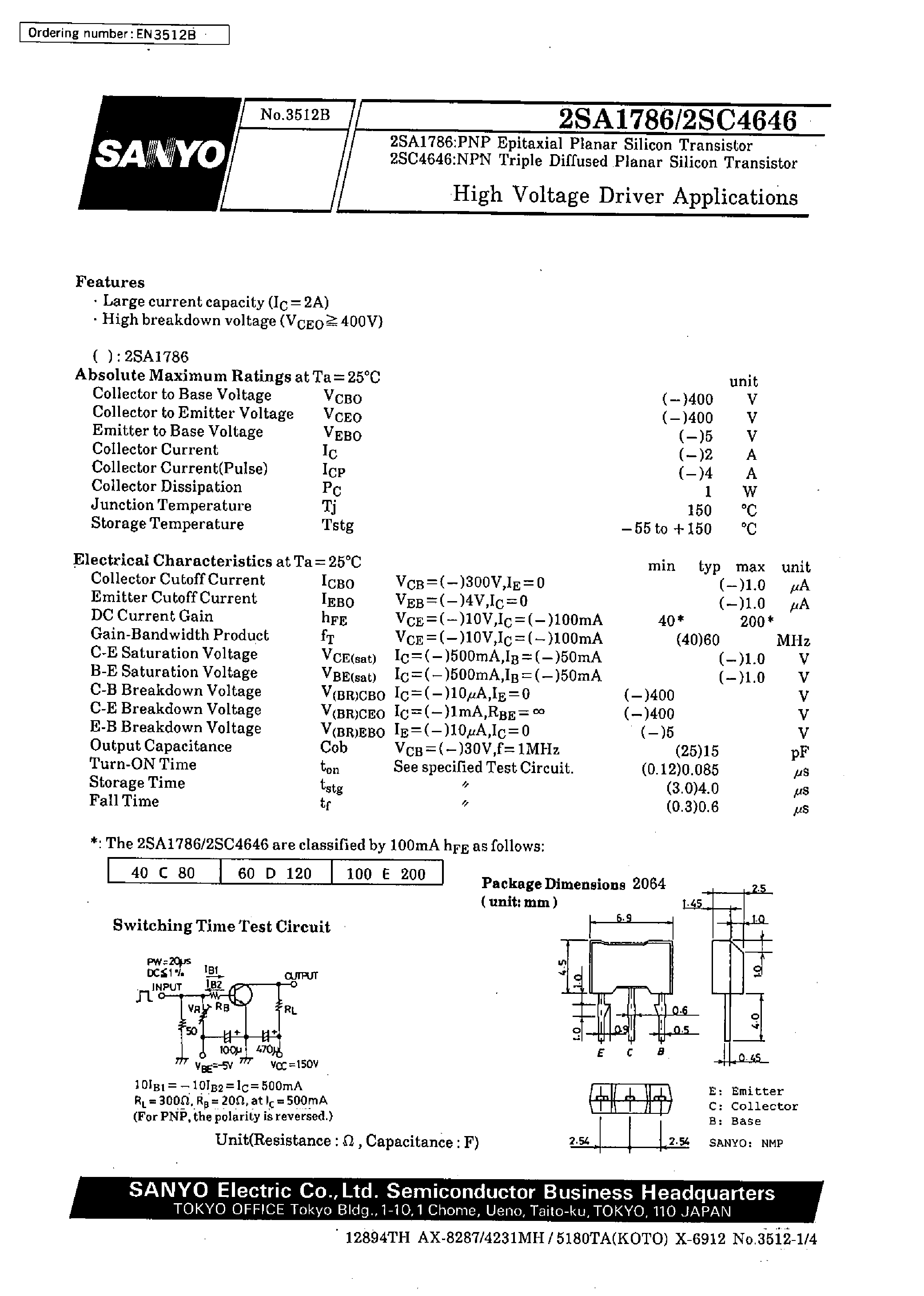 Datasheet 2SC4646 page 1 Datasheet 2SC4646 - High Voltage Driver Applications page 1