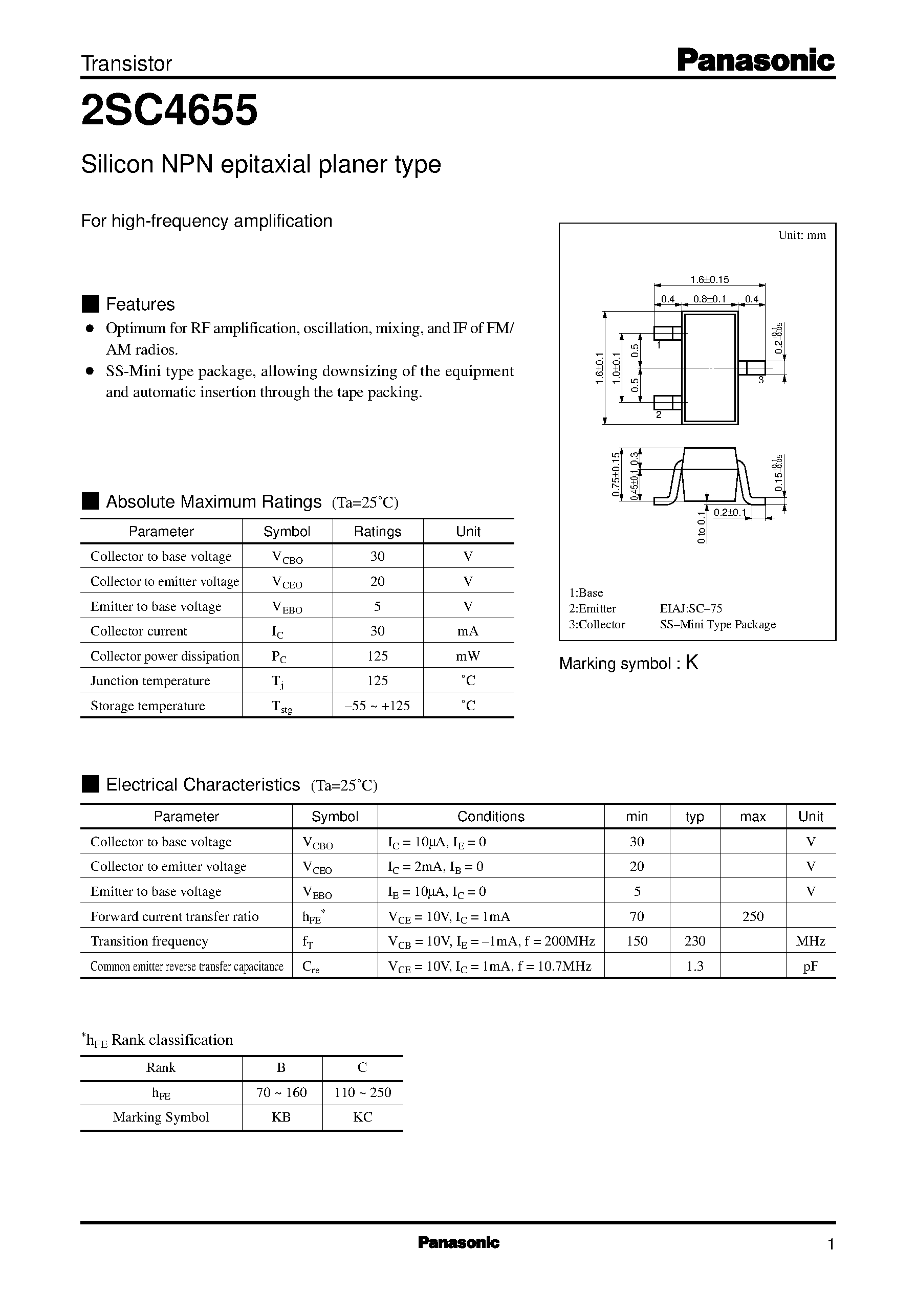 Datasheet 2SC4655 - Transistors (Selection Guide by Applications and Functions) page 1