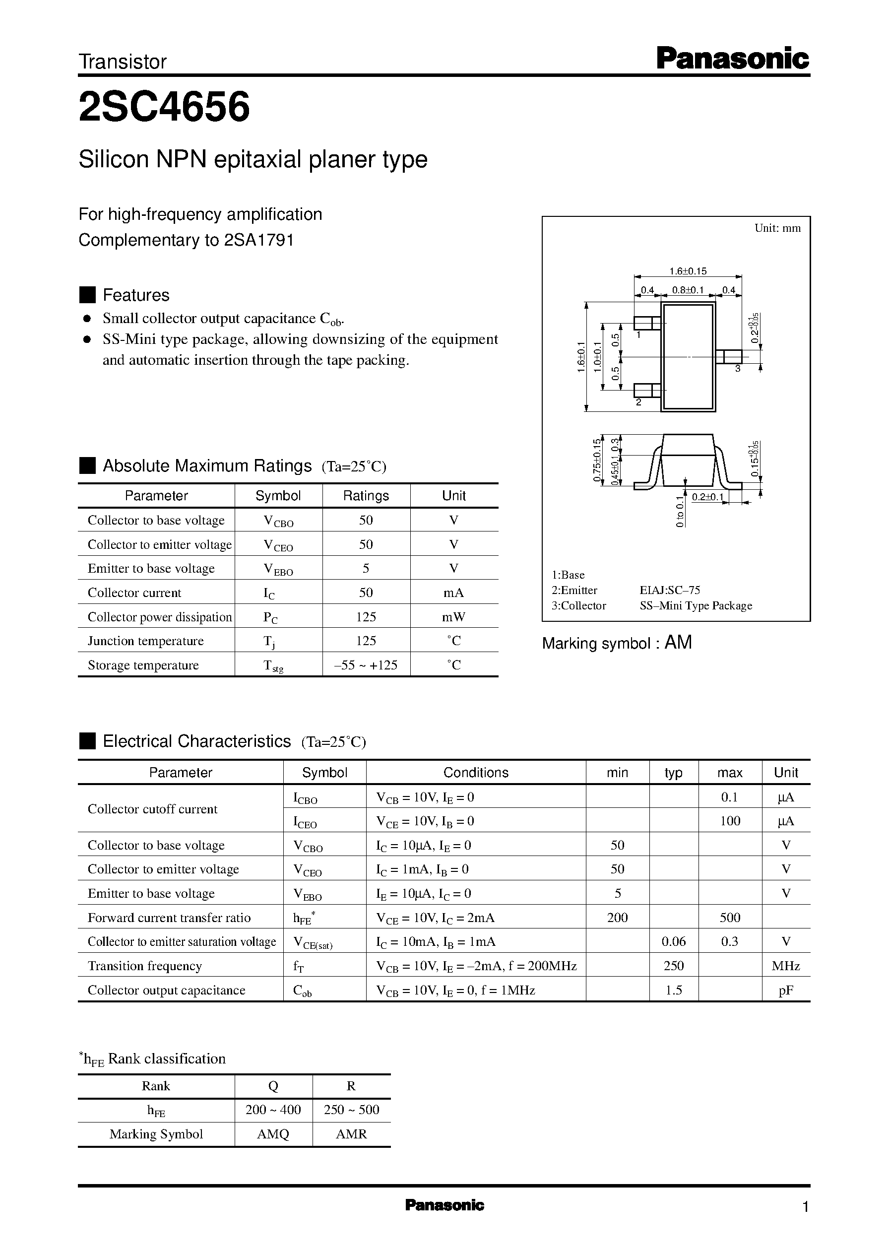 Datasheet 2SC4656 page 1 Datasheet 2SC4656 - Silicon PNP epitaxial planer type page 1