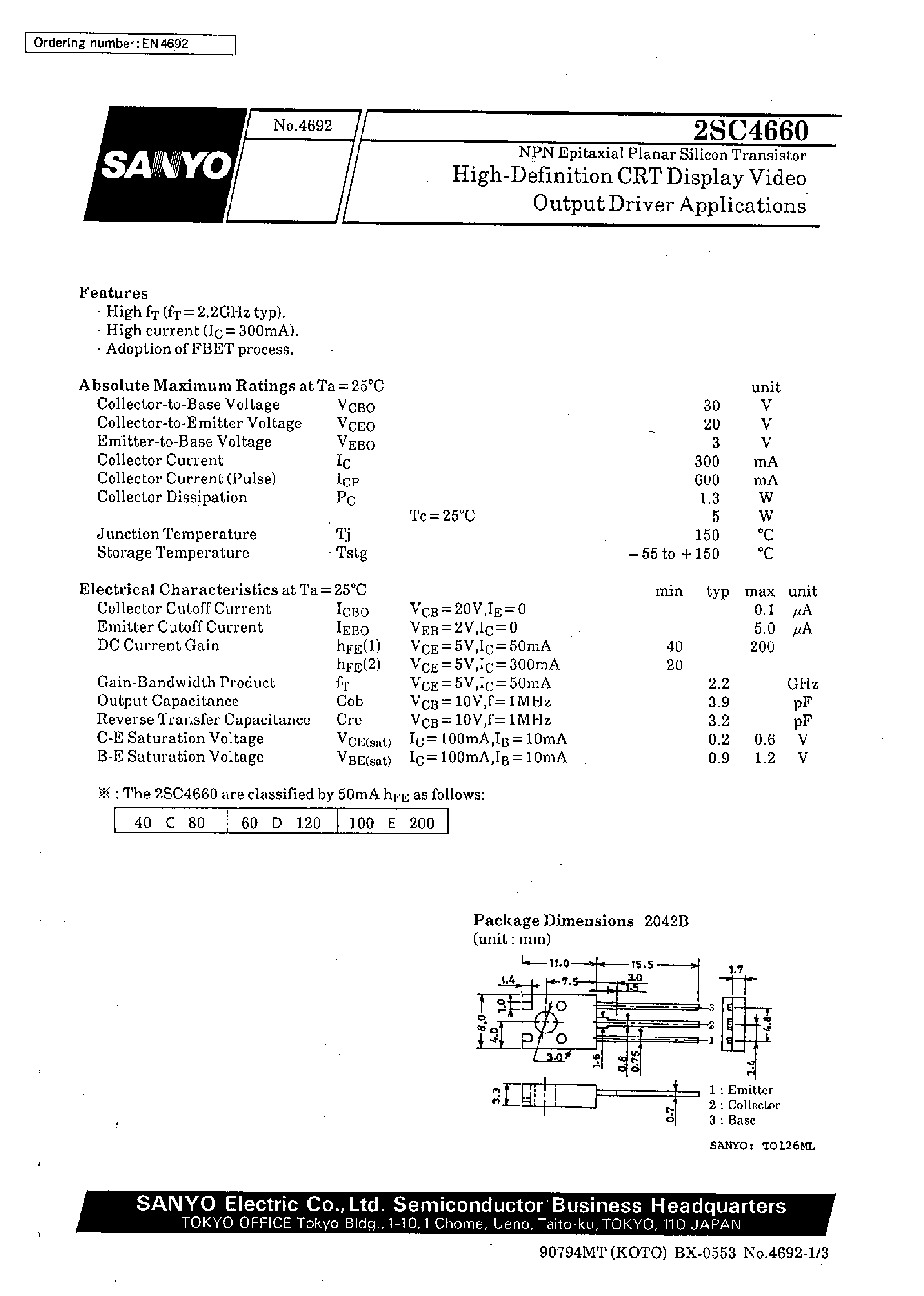 Datasheet 2SC4660 - High-Definition CRT Display Video Output Driver Applications page 1