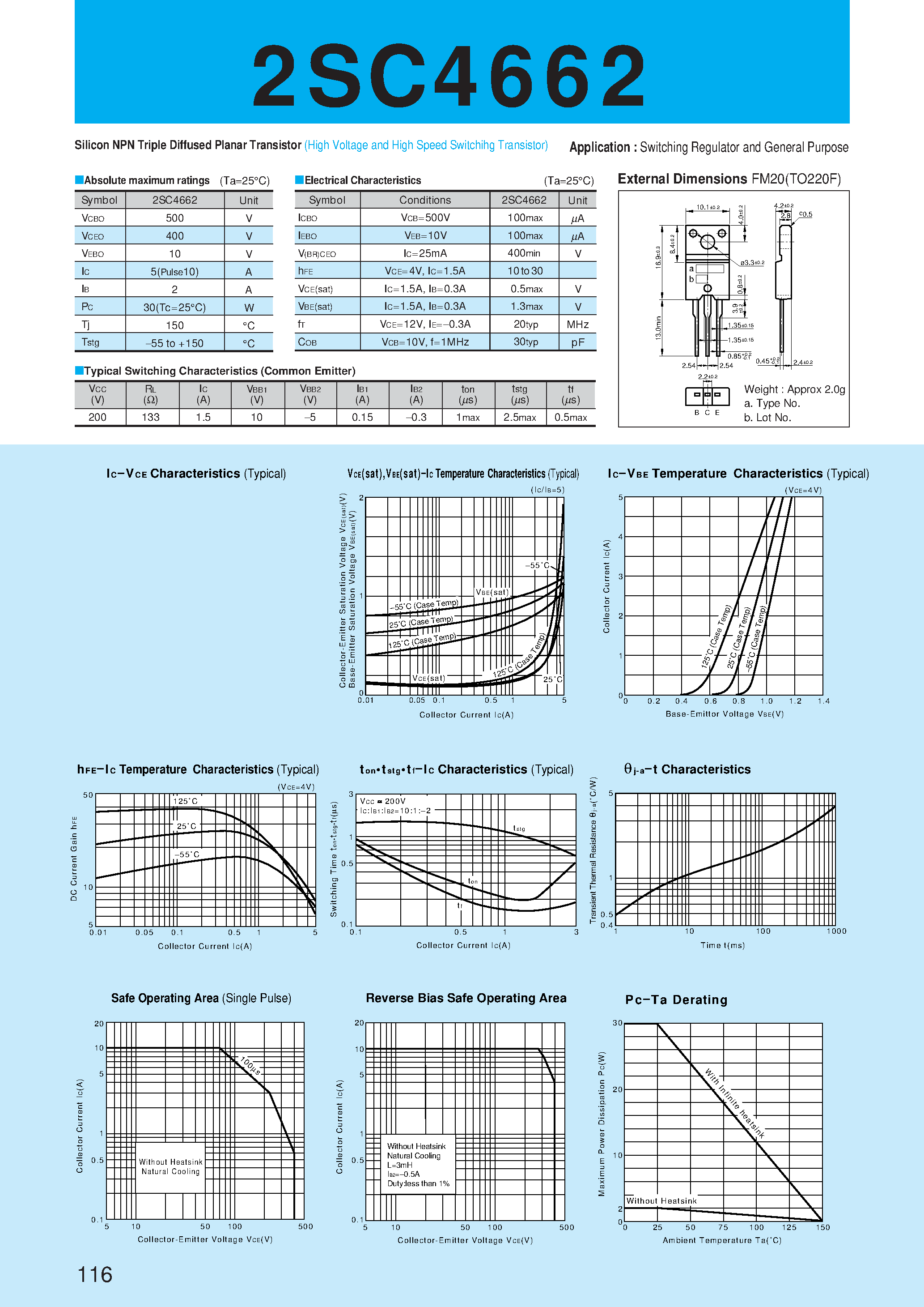 Datasheet 2SC4662 - Silicon NPN Triple Diffused Planar Transistor(Switching Regulator and General Purpose) page 1