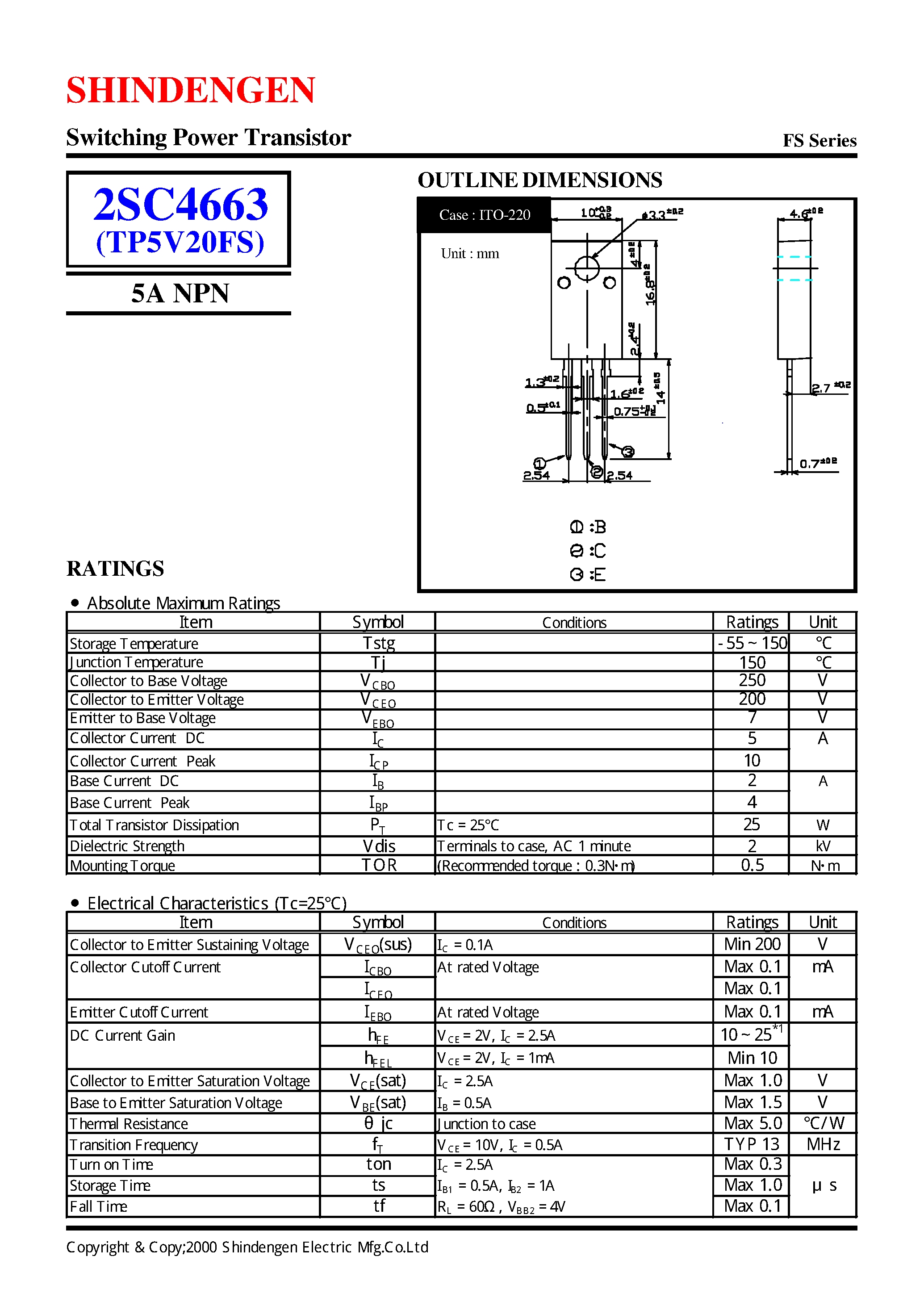 Datasheet 2SC4663 page 1 Datasheet 2SC4663 - Switching Power Transistor(5A NPN) page 1