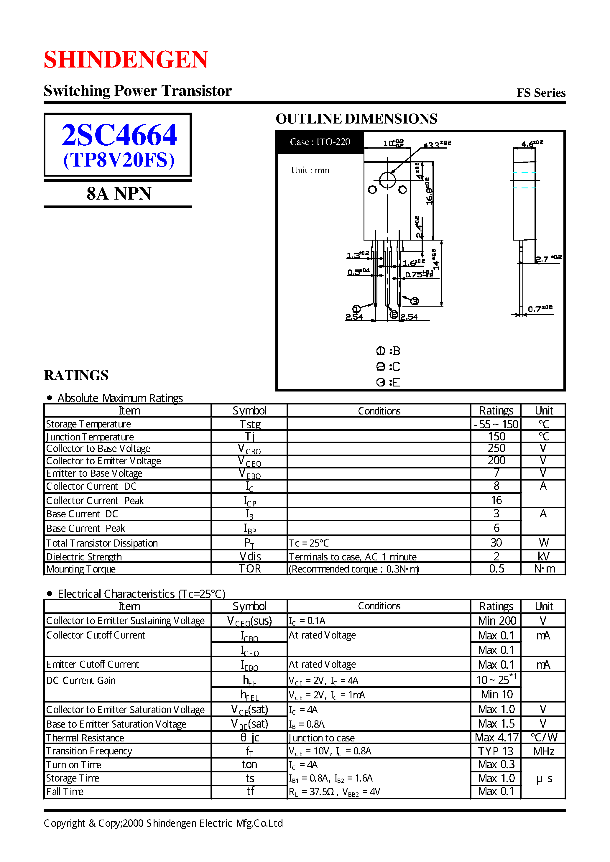 Datasheet 2SC4664 - Switching Power Transistor(8A NPN) page 1
