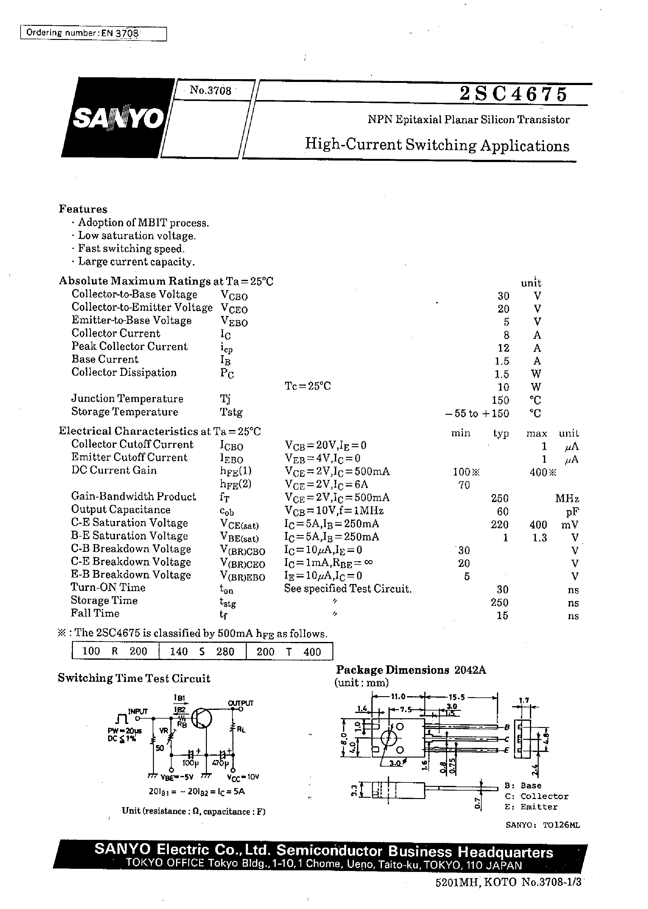 Datasheet 2SC4675 page 1 Datasheet 2SC4675 - High-Current Switching Applications page 1