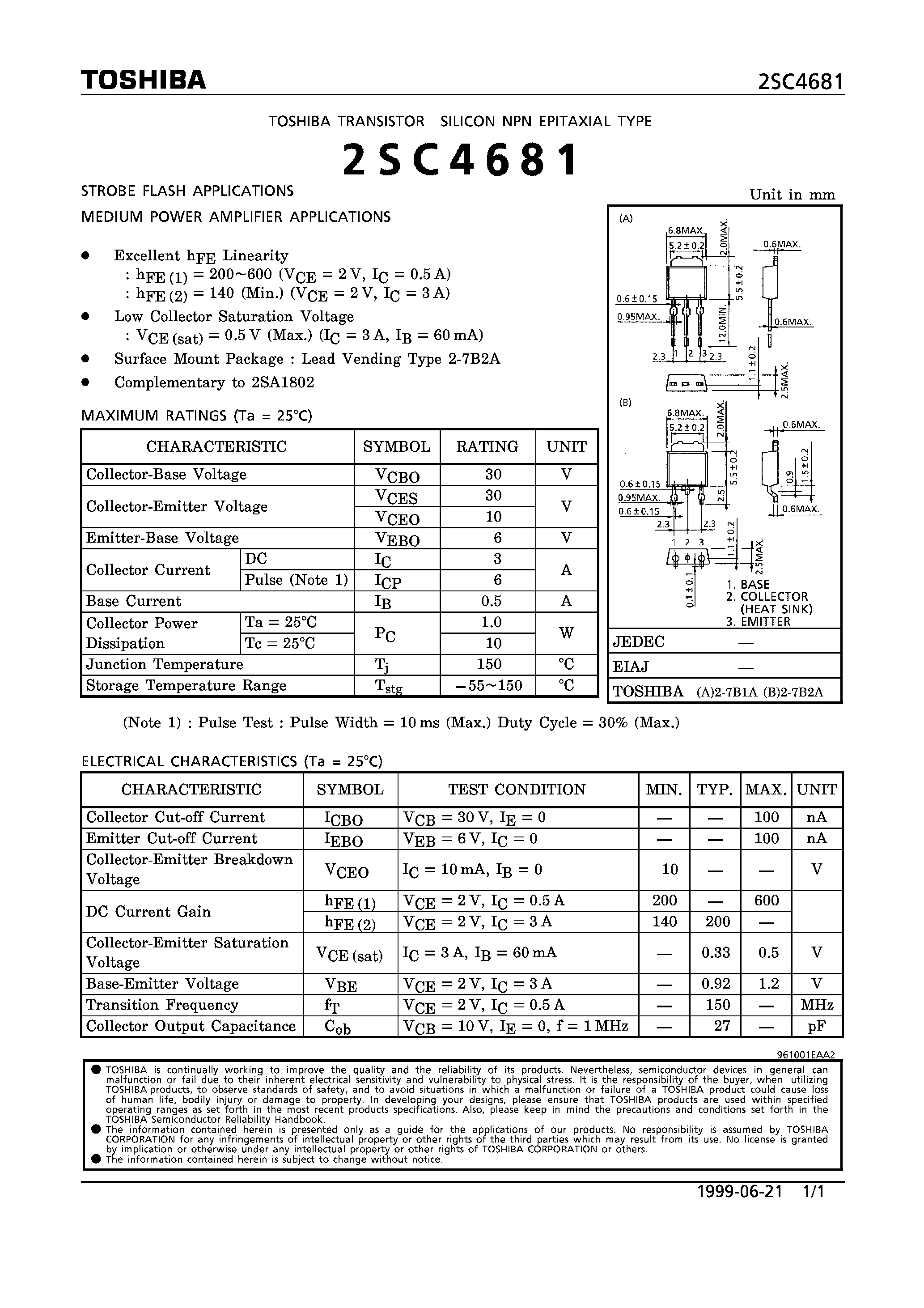 Datasheet 2SC4681 - NPN EPITAXIAL TYPE (STROBE FLASH APPLICATIONS MEDIUM POWER AMPLIFIER APPLICATIONS) page 1