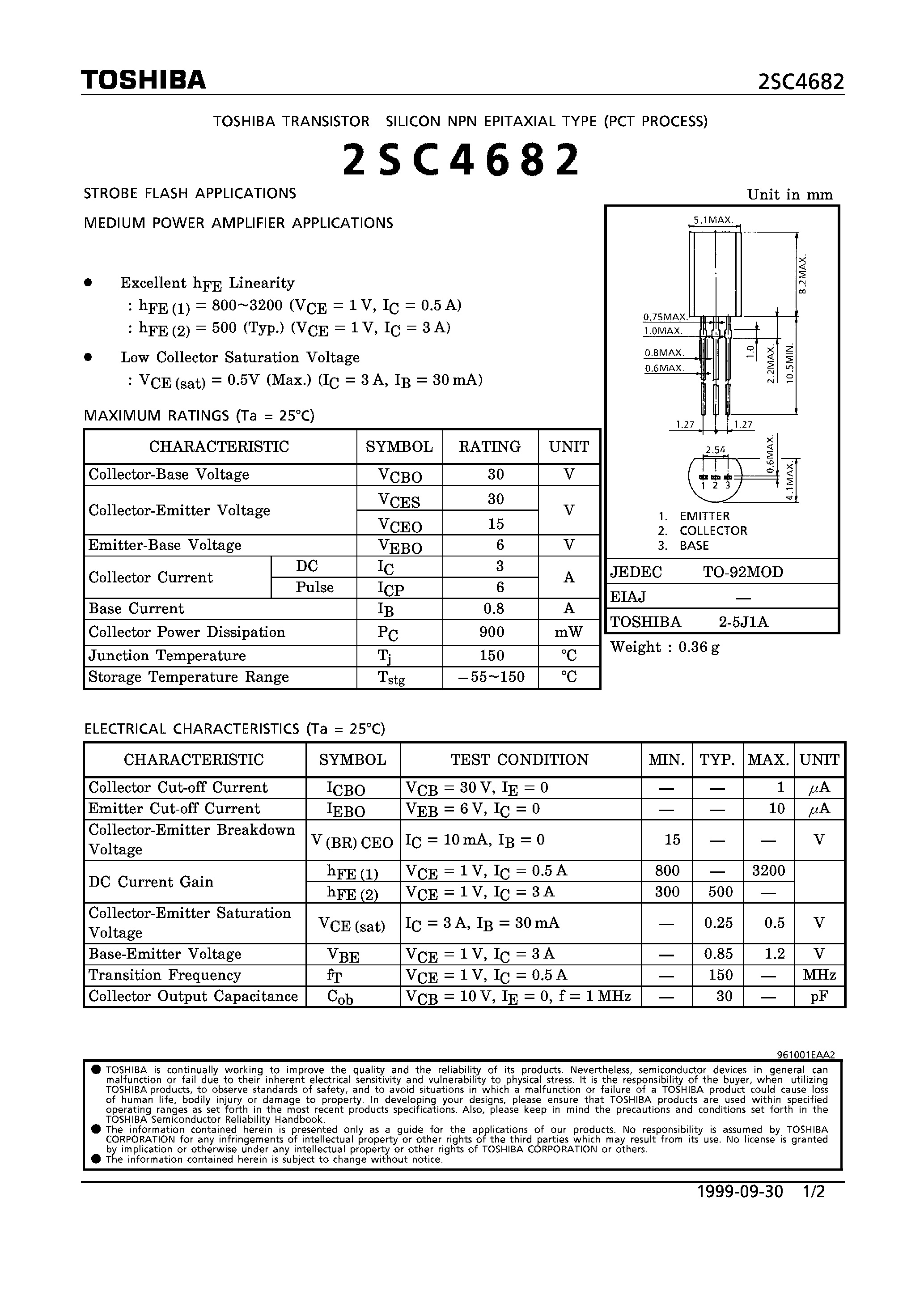 Datasheet 2SC4682 - NPN EPITAXIAL TYPE (STROBE FLASH/ MEDIUM POWER AMPLIFIER APPLICATIONS) page 1